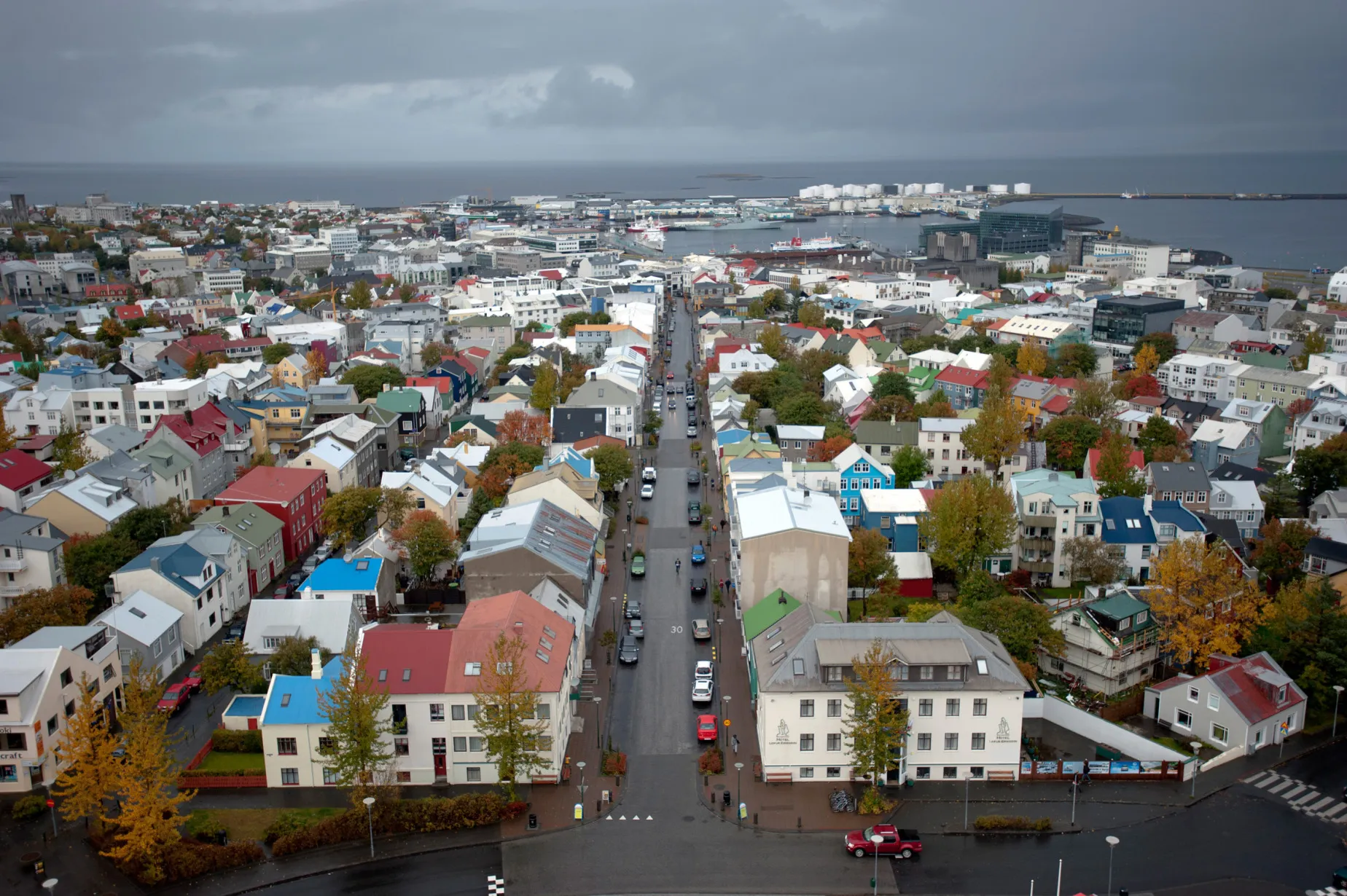 Residential housing and rooftops in Reykjavik, Iceland.