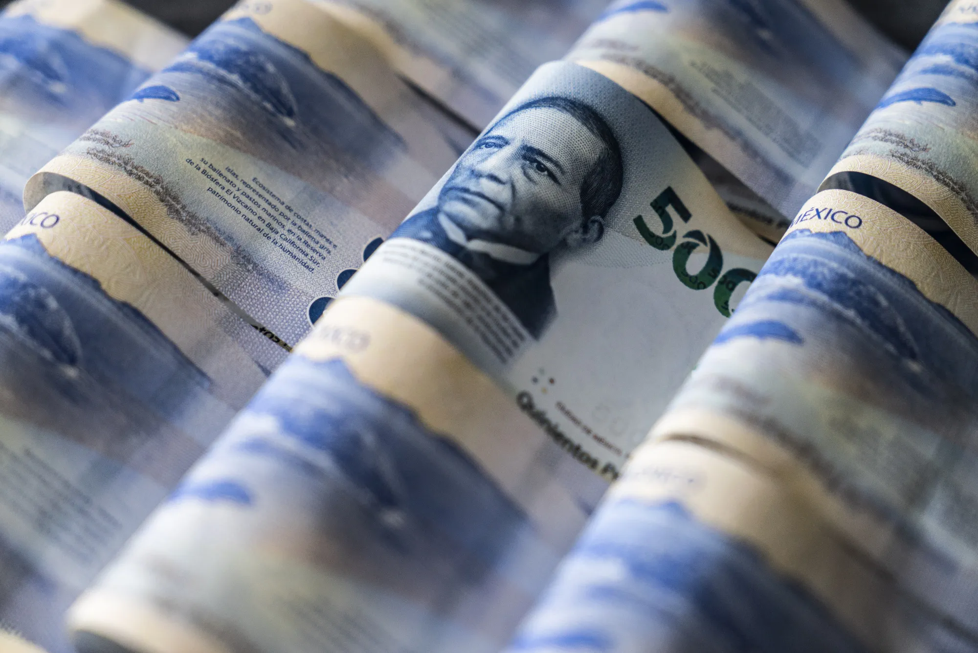 Mexican 500 peso banknotes depicting the image of Benito Juarez, Mexico's former president
