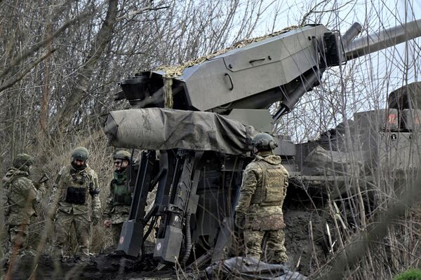 Ukrainian artillerymen operate a Caesar 8x8 self-propelled howitzer  in southern Ukraine in February.
