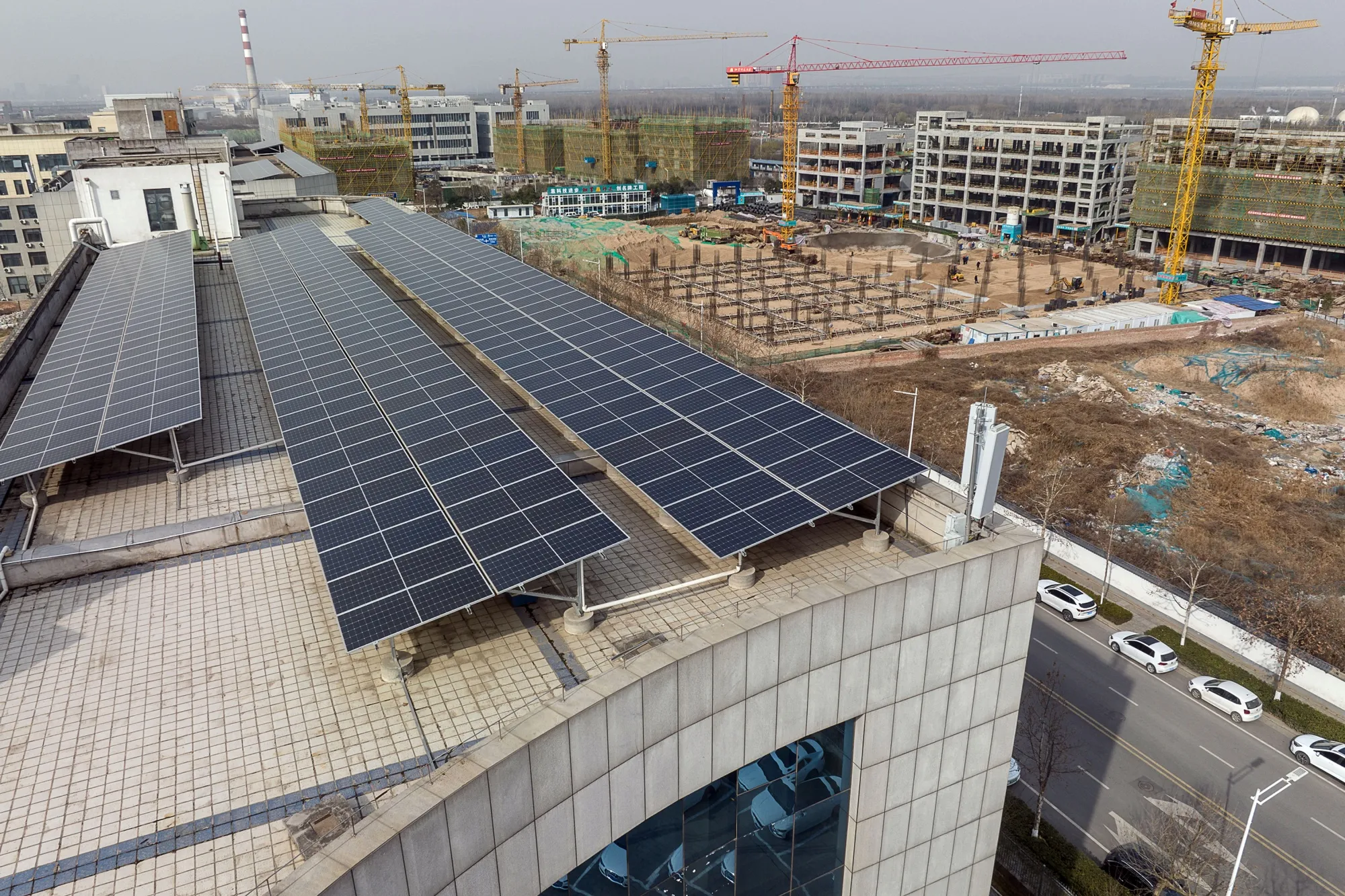 Solar panels on the rooftop of an office building in Xi'an, China.