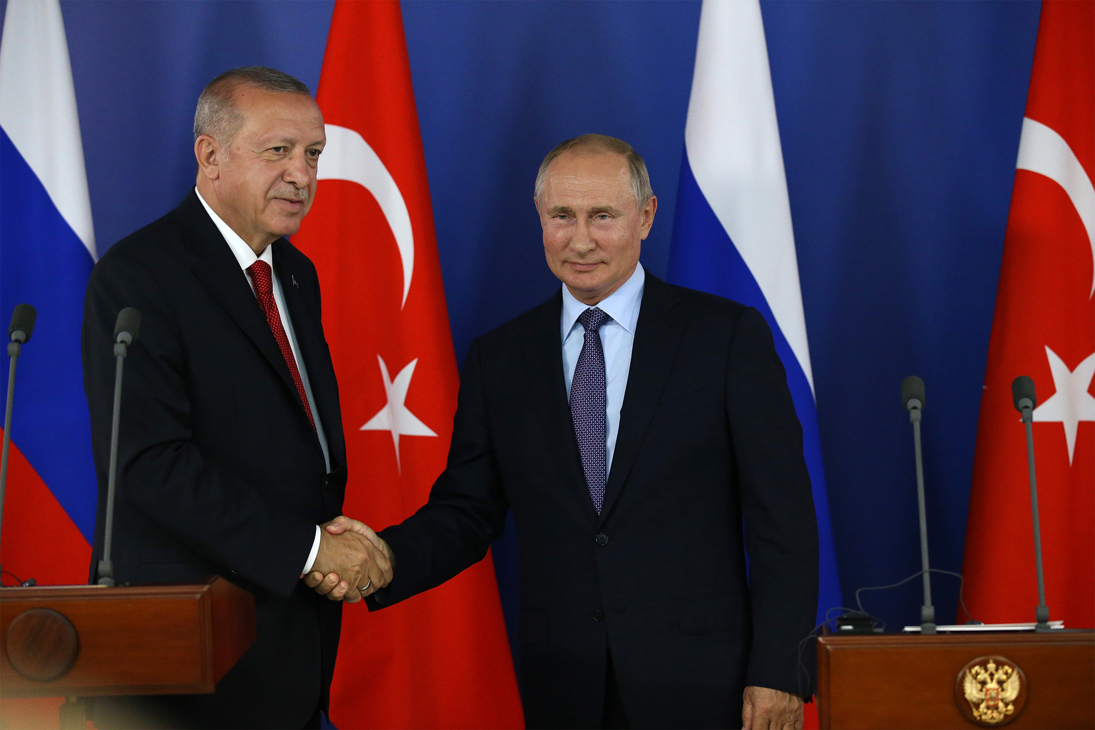 Turkish President Recep Tayyip Erdogan, left, and Russian President Vladimir Putin.