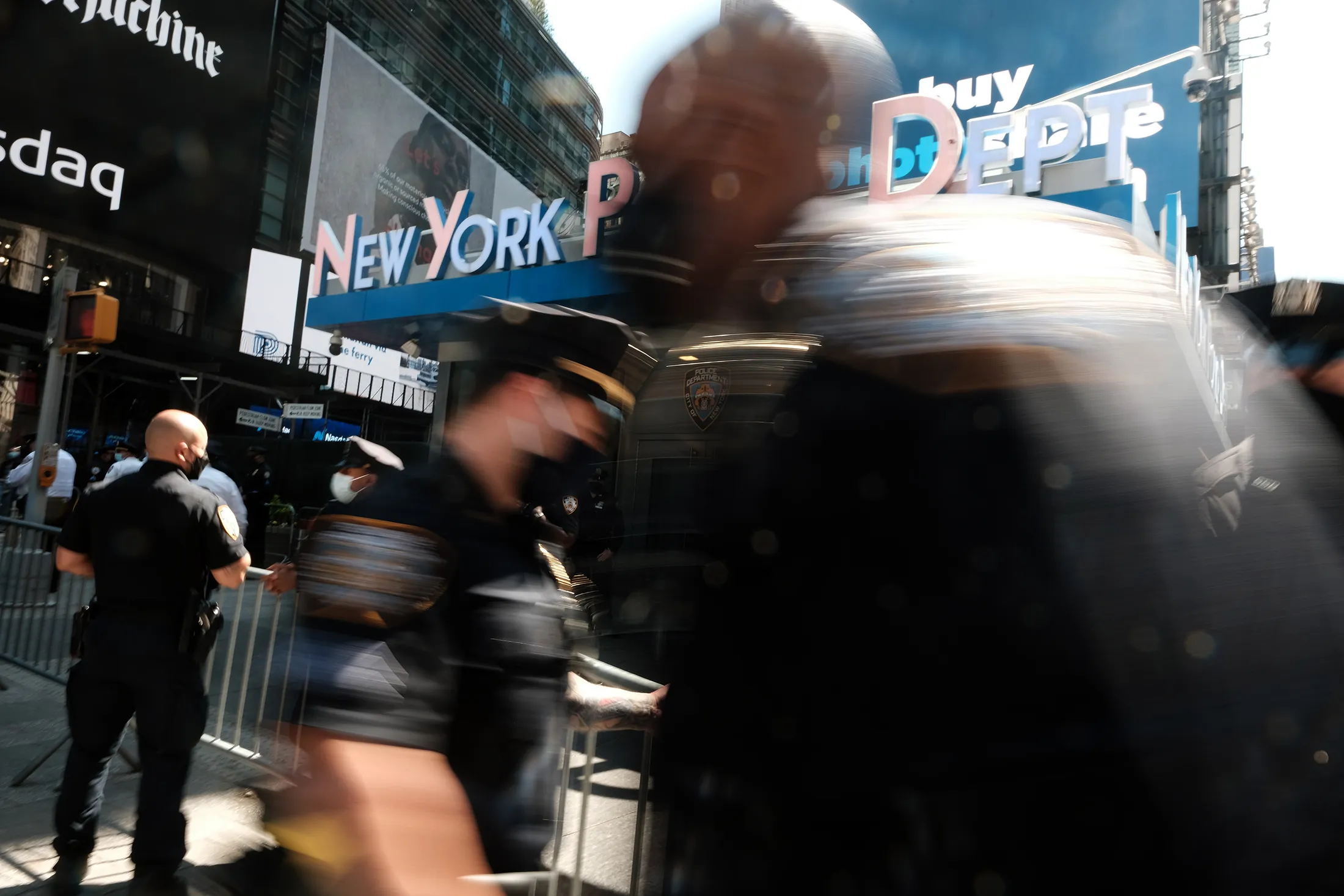 Members of the NYPD gather in Times Square near a police precinct during the city’s increased security surrounding the&nbsp;verdict of Derek Chauvin, on April 20.