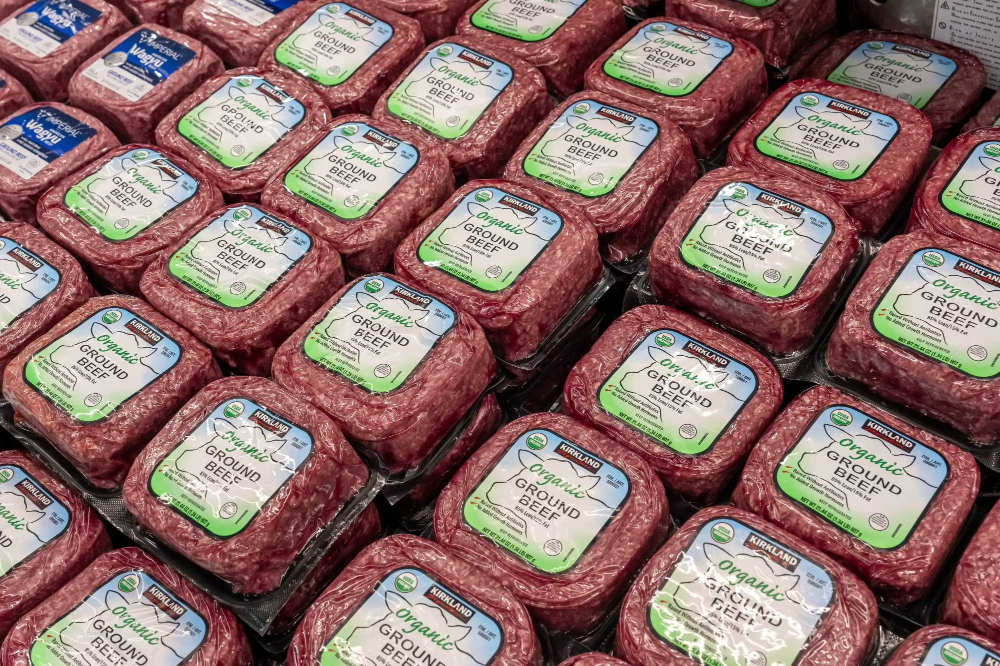 Packages of Kirkland branded ground beef inside a Costco store in Napa, California.