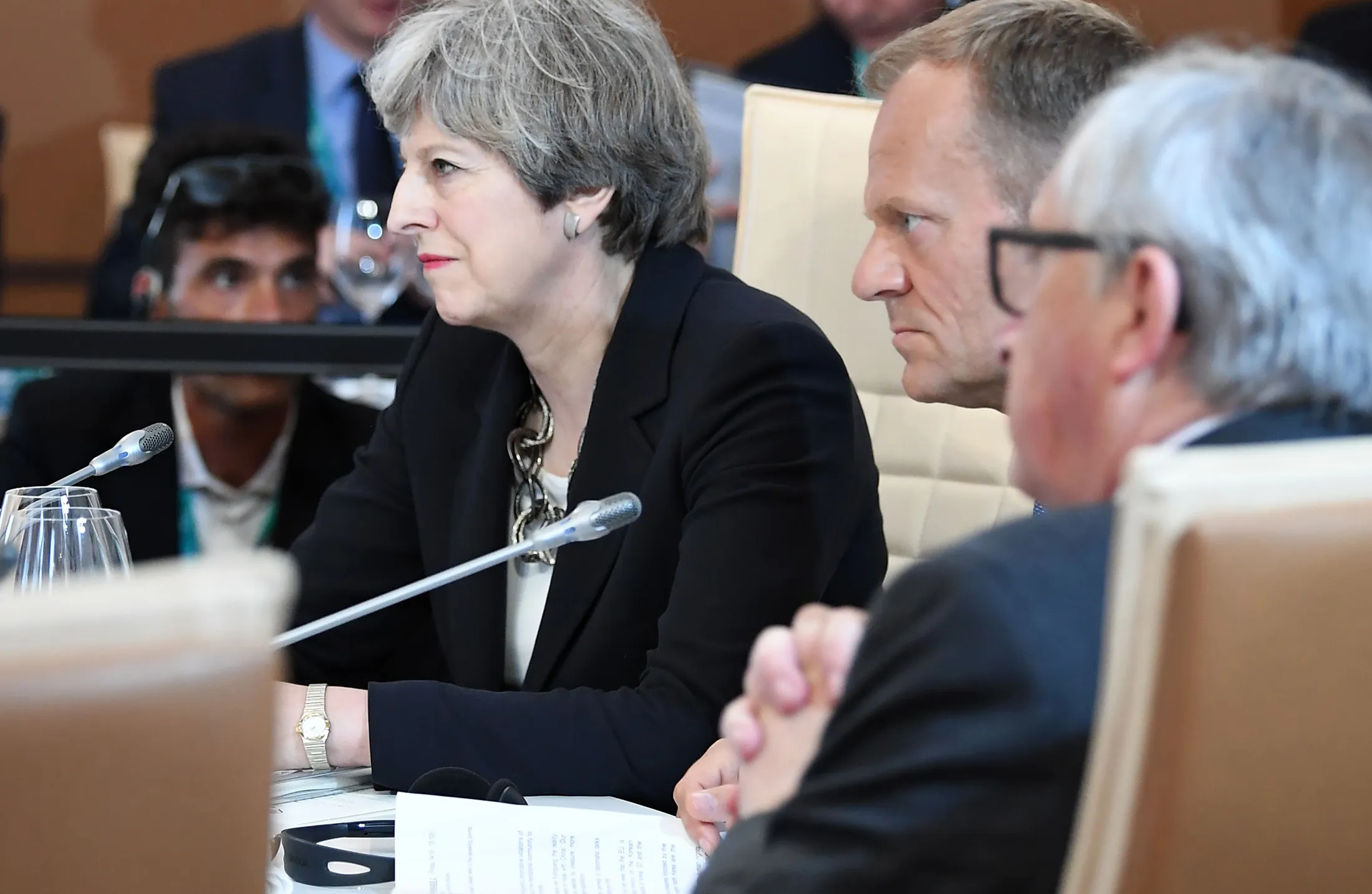 Theresa May, left, during a meeting in Taormina, Sicily, on May 26, 2017.
