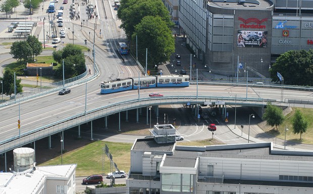 The Gothenburg tram runs above street traffic.