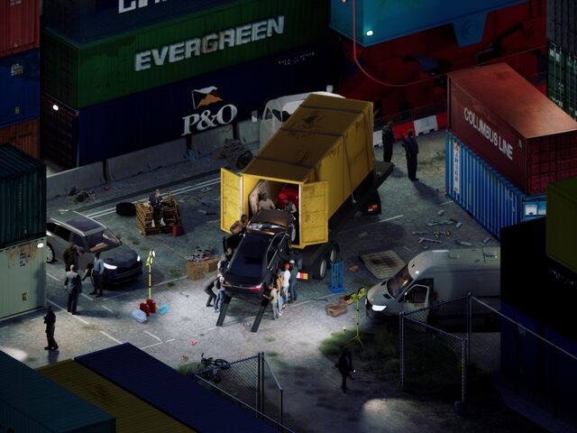 Illustration showing multiple men in a warehouse parking lot at night filled with cars and shipping containers. Two of the men stand guard with guns while others stand around chatting. Most of the men, some of them boys, are loading a car into a shipping container on a flatbed truck.