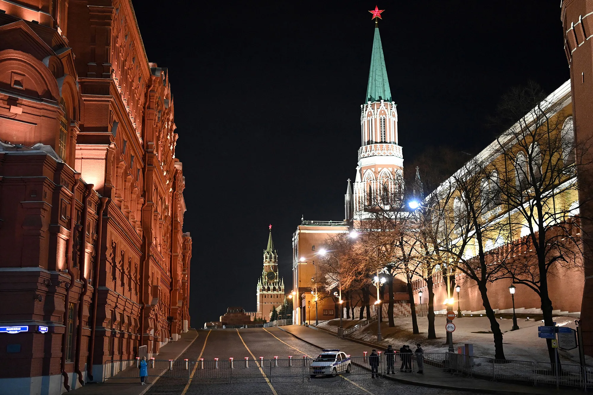 Police officers block access to Red Square during a protest against Russia's invasion of Ukraine in central Moscow on March 2.