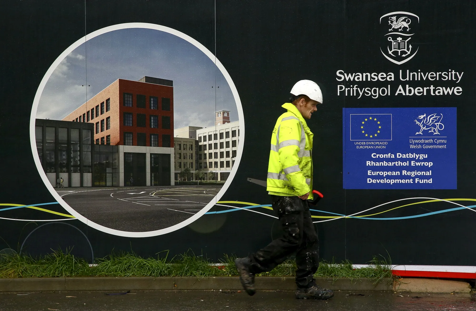 A European Regional Development Fund sign on site at Swansea University in 2018.