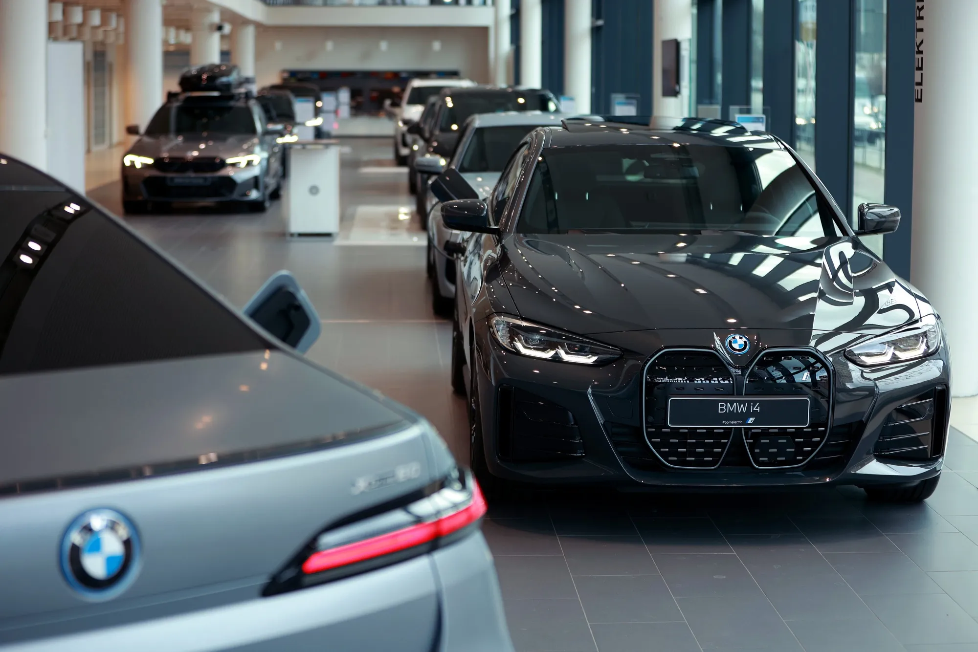A BMW i4 at a showroom in Berlin.