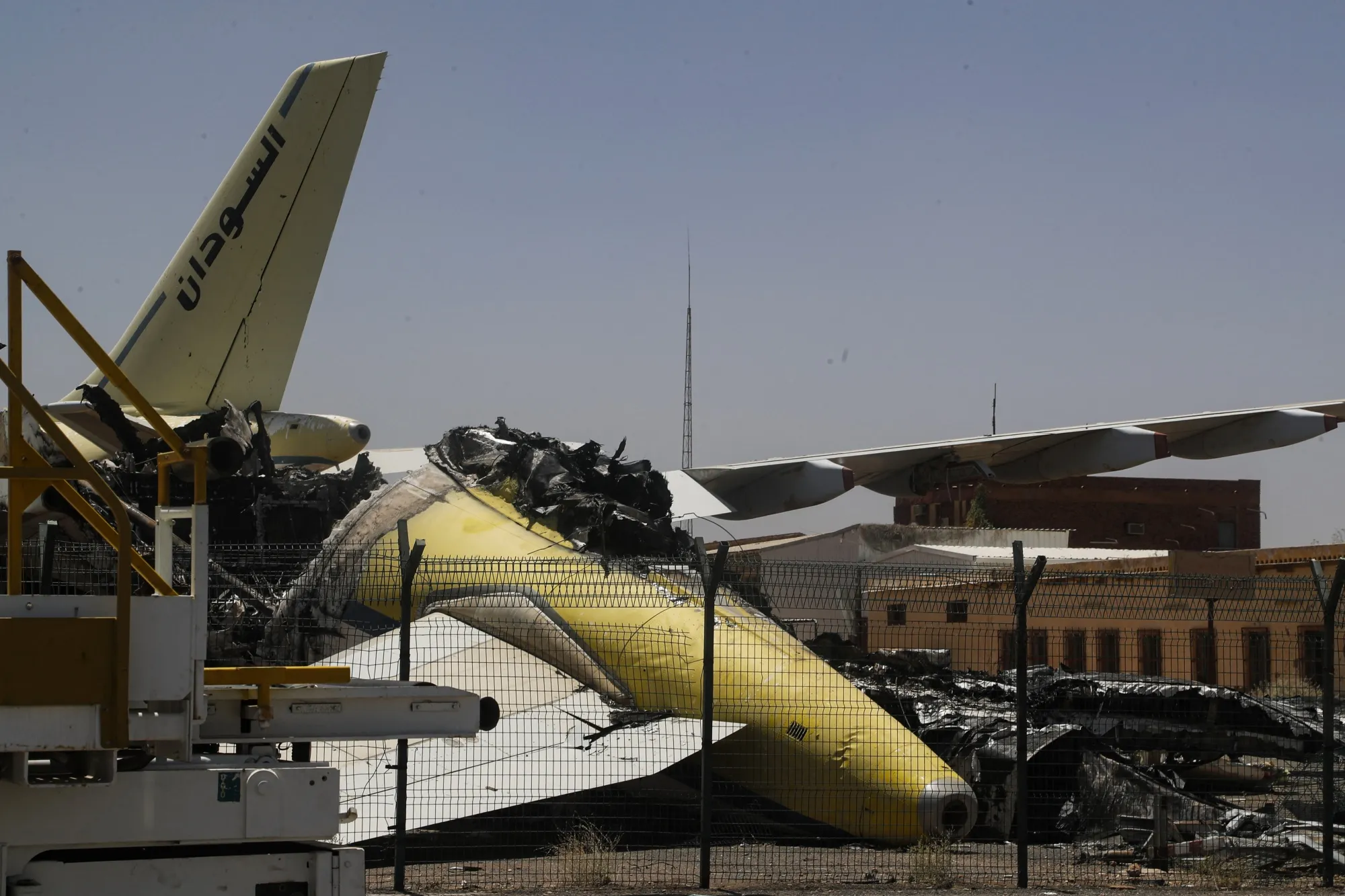 Heavily damaged aircraft&nbsp;at Khartoum International Airport in Khartoum on April 28.