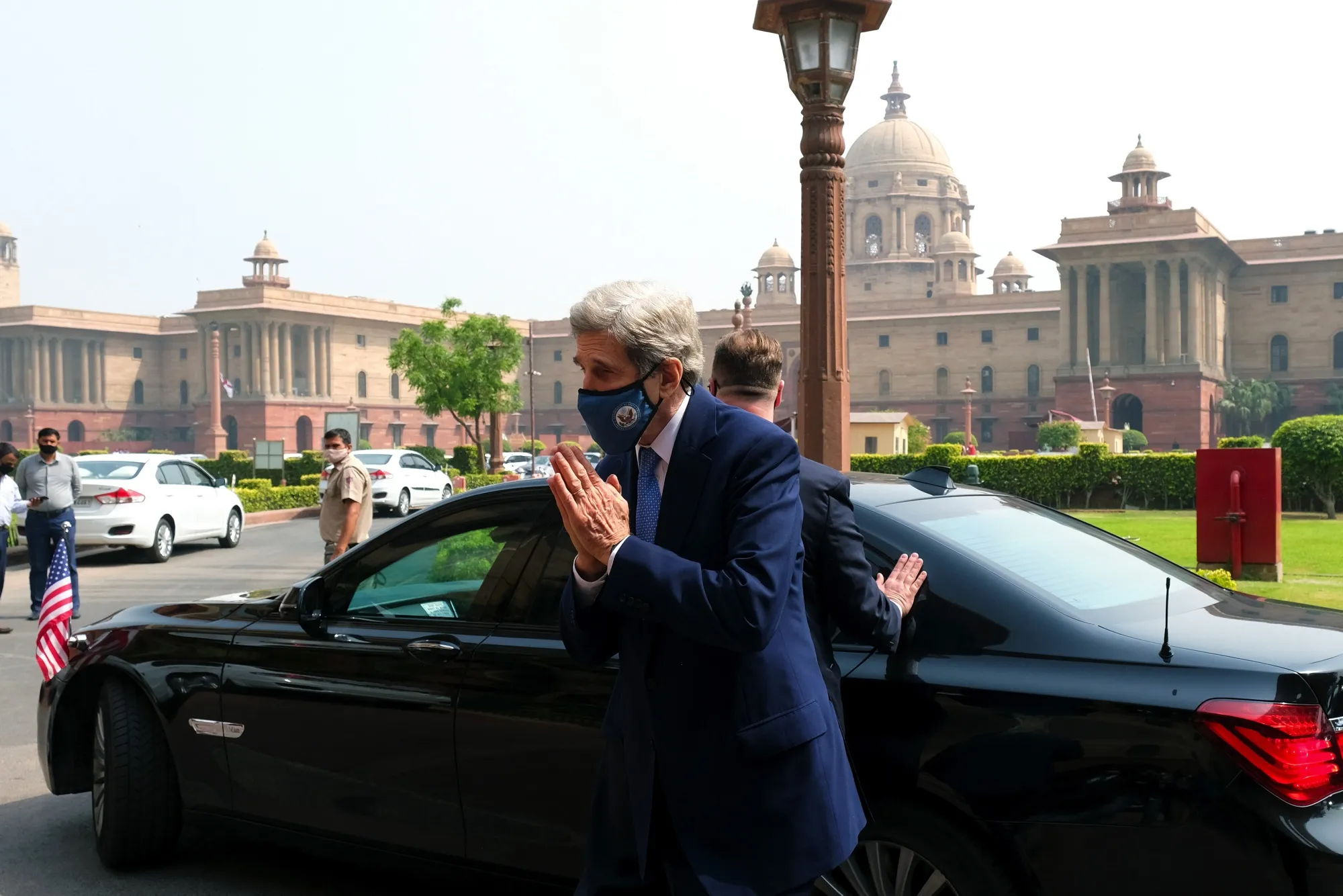 John Kerry arrives at the Ministry of Finance in New Delhi on April 6.