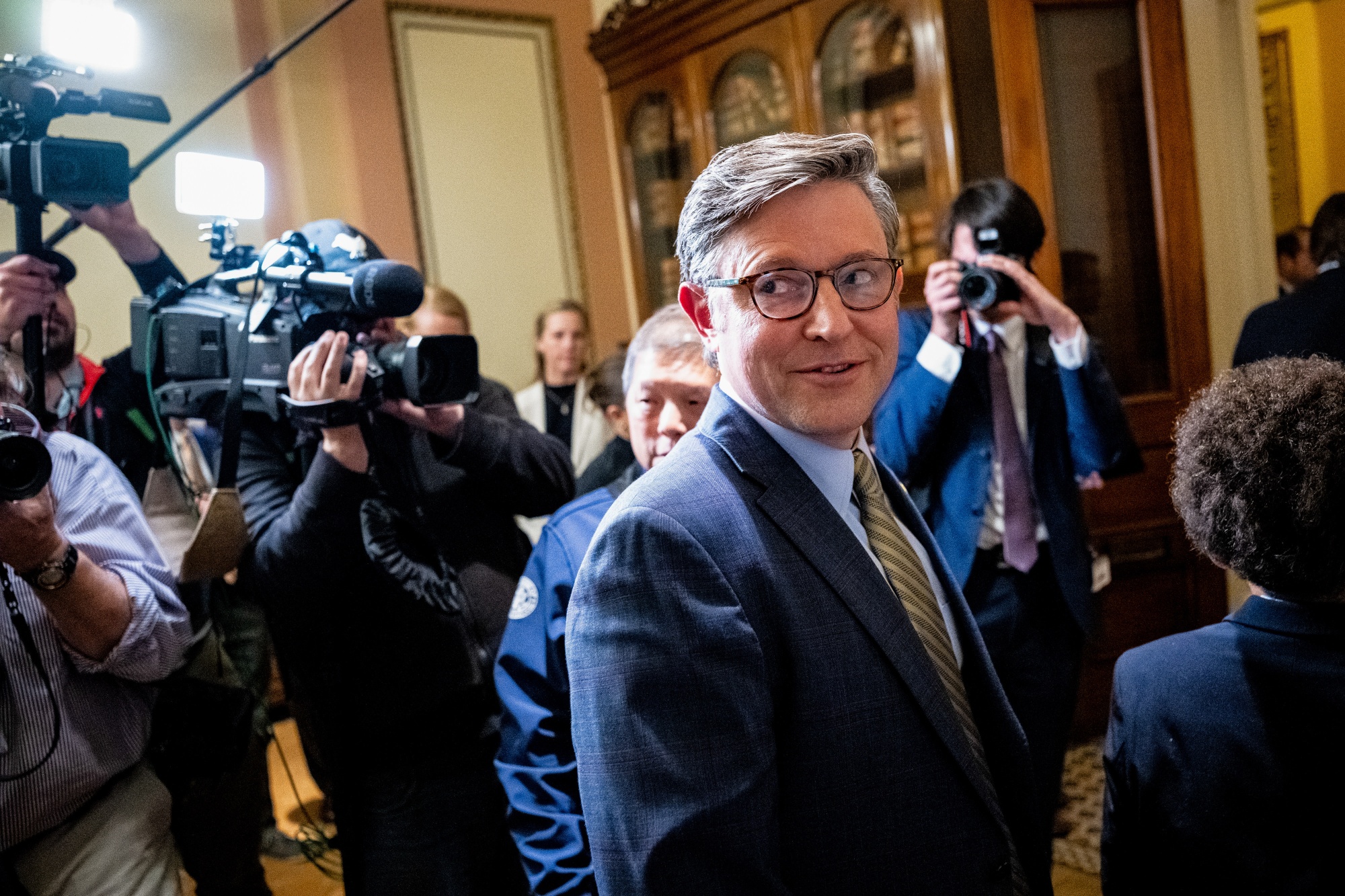 US House Speaker Mike Johnson, a Republican from Louisiana, during a swearing-in ceremony for Representative Analilia Mejia, a Democrat from New Jersey, not pictured, at the US Capitol in Washington, DC, US, on Monday, April 20, 2026. New Jersey Democrat Analilia Mejia was sworn in to the House of Representatives Monday, narrowing Speaker Mike Johnson’s majority less than a week after the Republican conference gained a slight buffer. Photographer: Graeme Sloan/Bloomberg