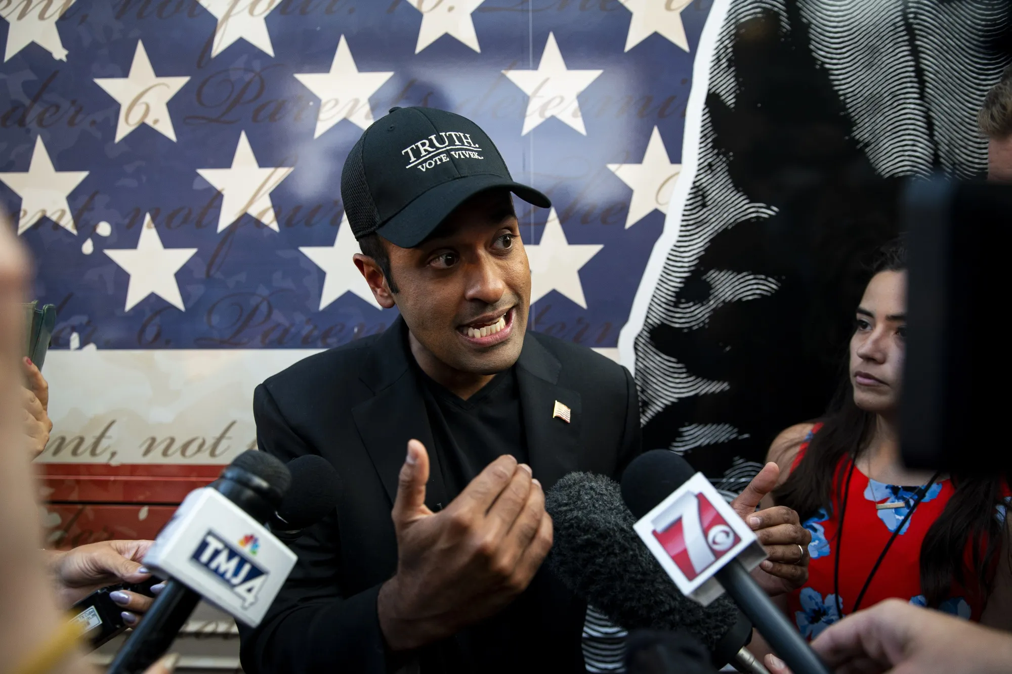 Vivek Ramaswamy&nbsp;speaks with members of the media&nbsp;in Milwaukee, Wisconsin,&nbsp;on&nbsp;Aug. 22.