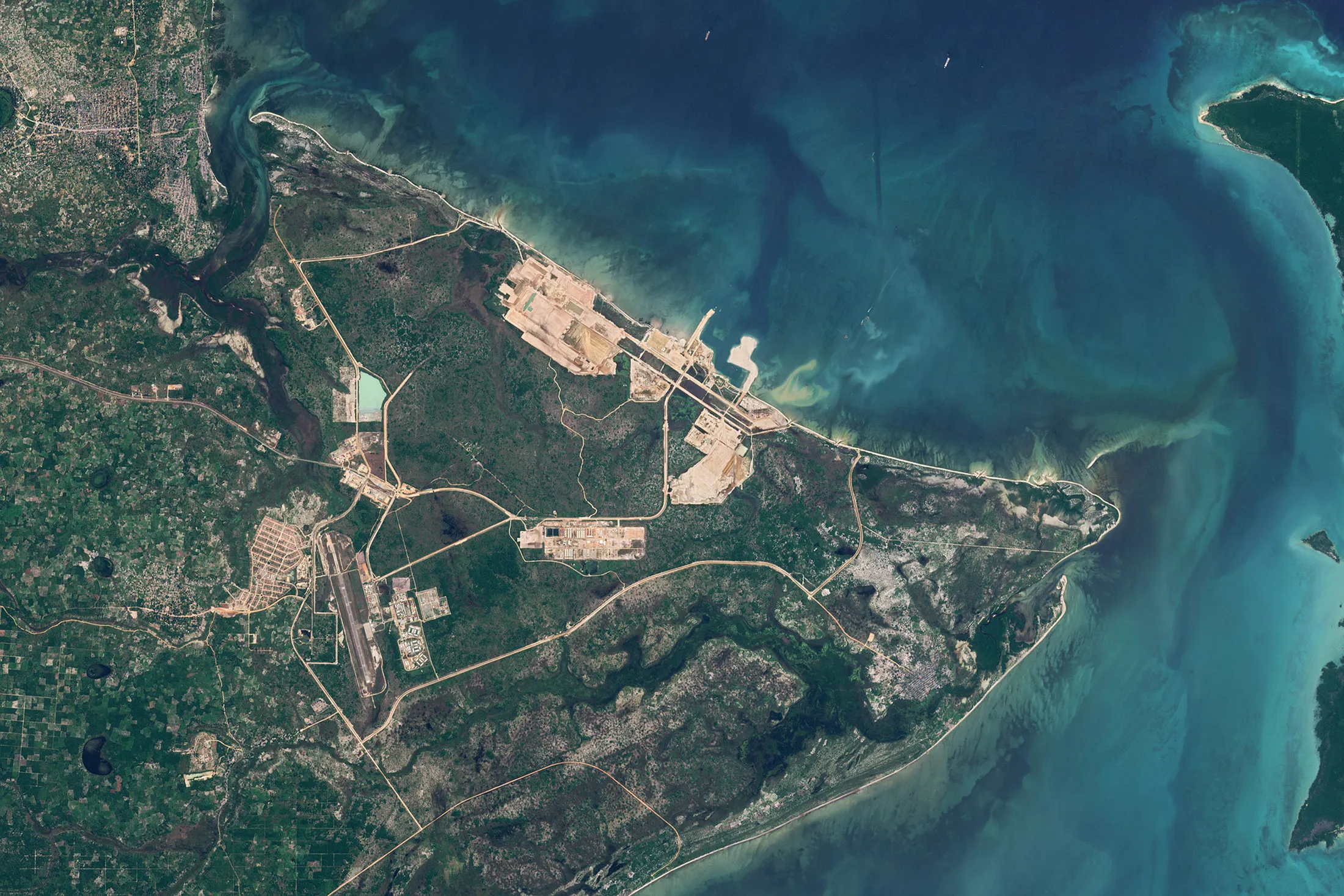 Satellite view of the TotalEnergies Mozambique LNG project under construction in Afungi, Palma district, Mozambique, on May 23.