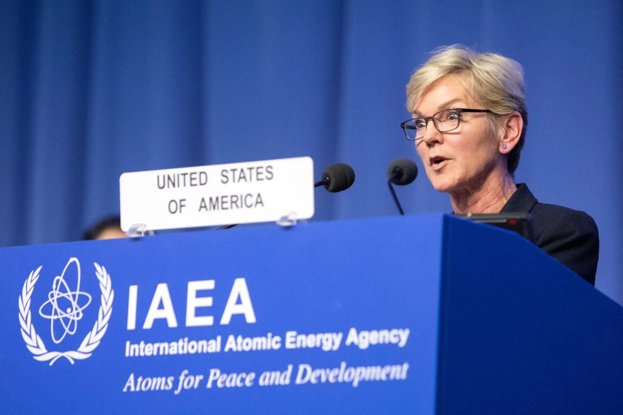 Jennifer Granholm speaks during the 67th International Atomic Energy Agency's General Conference on September 25.
