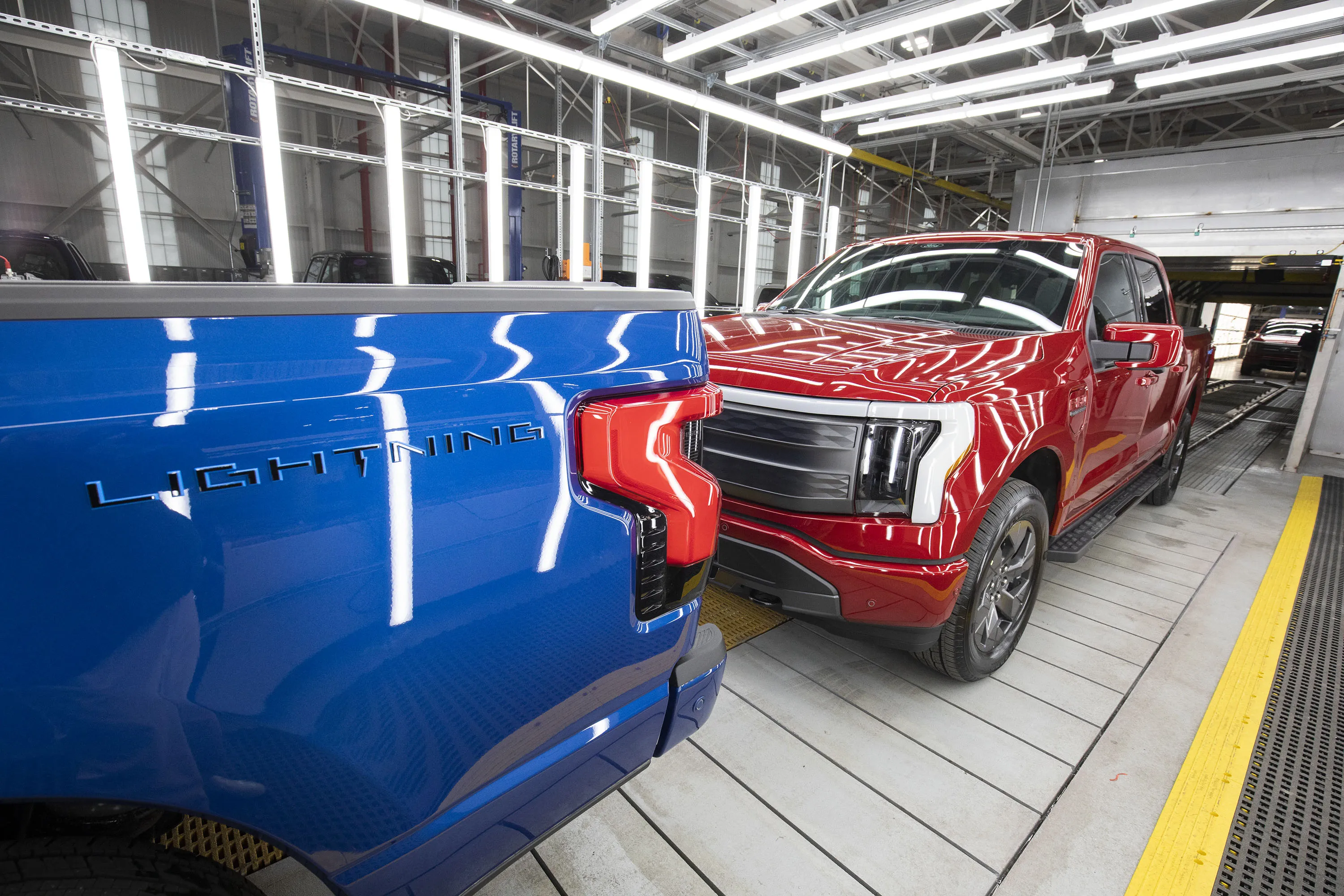 Ford F-150 Lightning pickup trucks at the Ford Rouge Electric Vehicle Center in Dearborn, Michigan.&nbsp;