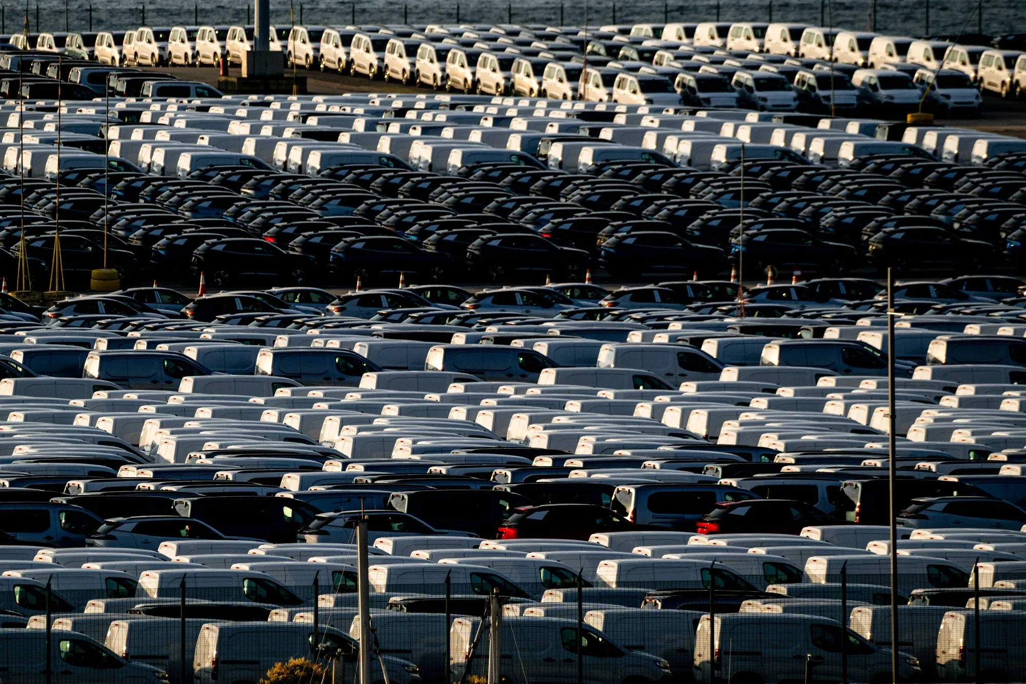 Newly manufactured vehicles at a commercial port in Vigo, Spain.