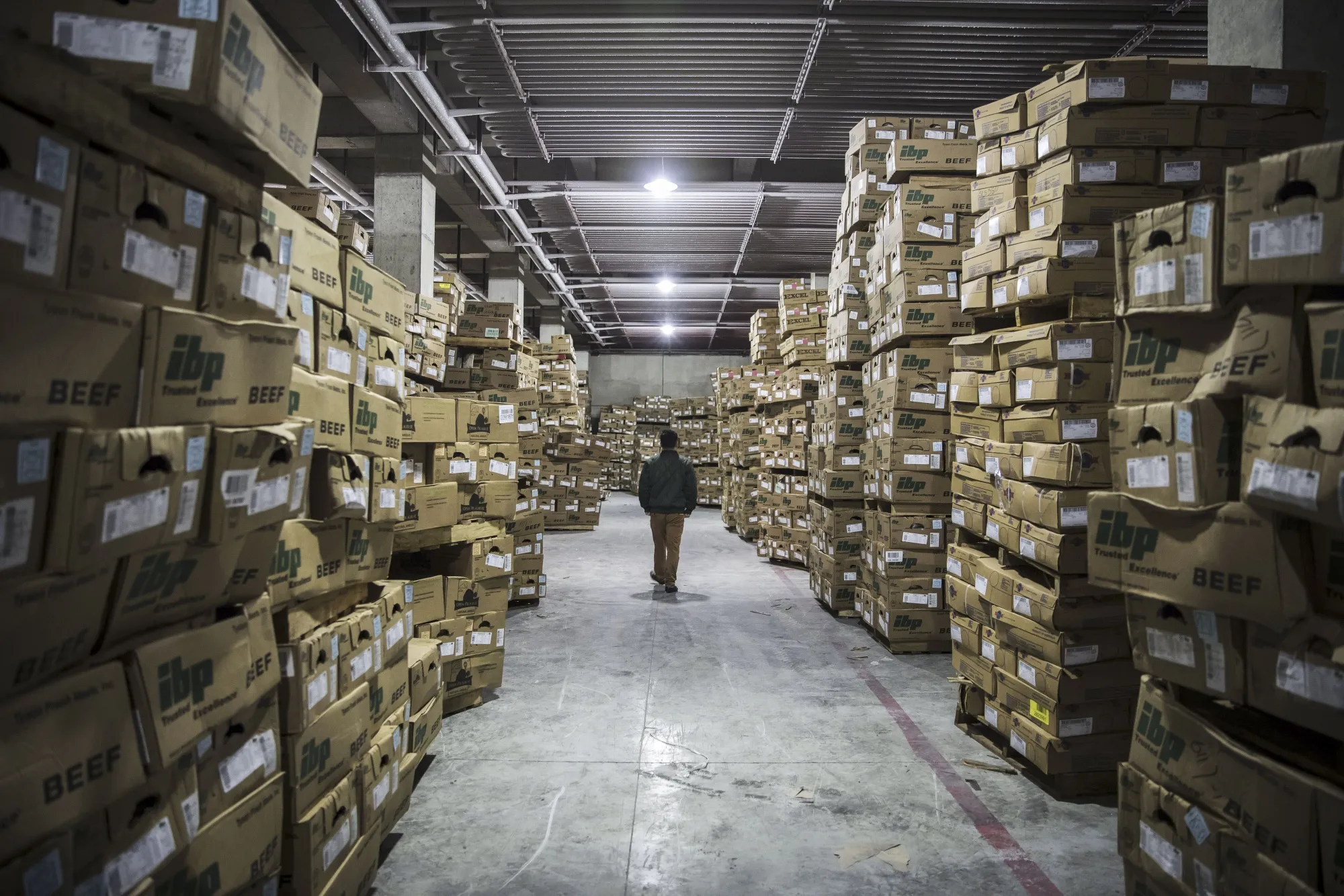 Boxes of imported Tyson Fresh Meats Inc. beef at a cold storage facility in Suzhou, China, in&nbsp;2018.