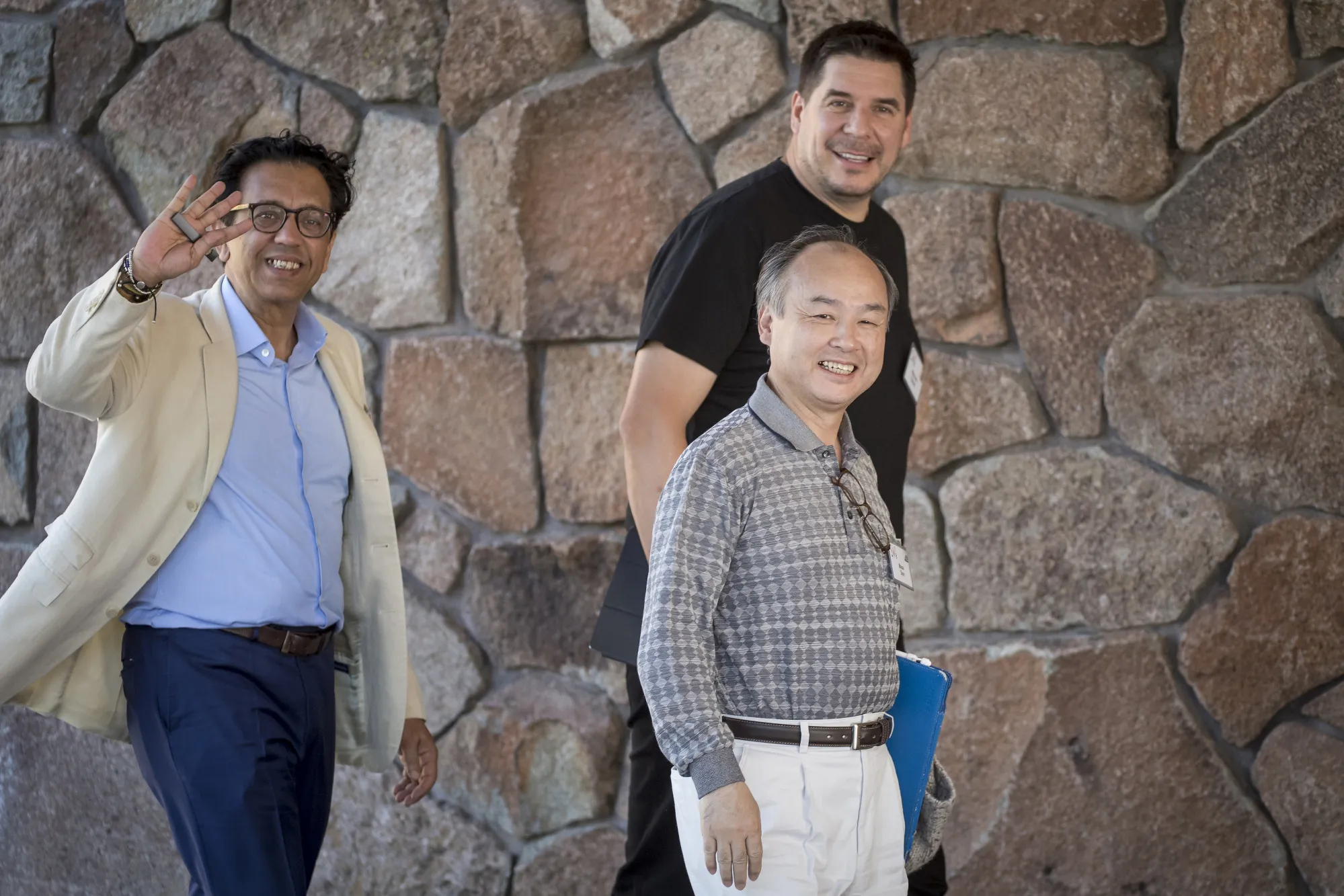 SoftBank Vision Fund chief Rajeev Misra (left), Chairman and CEO Masayoshi Son (center) and Chief Operating Officer Marcelo Claure&nbsp;at a conference in Sun Valley, Idaho, in July&nbsp;2018.