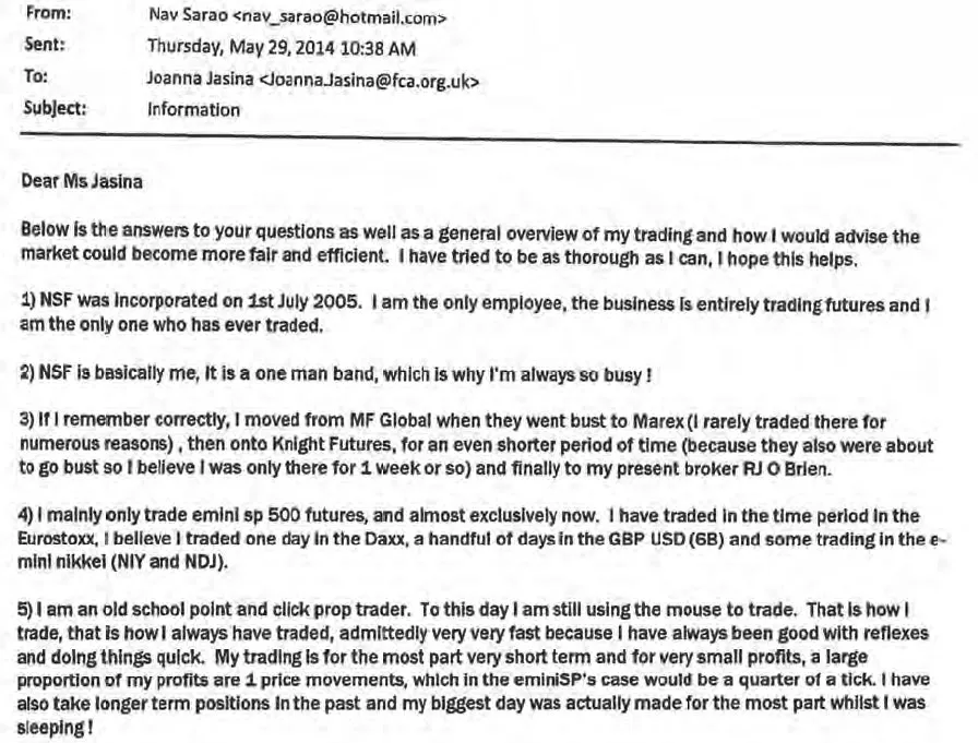 Excerpt of an email from Nav Sarao to Joanna Jasina included in the CFTC court filing.
