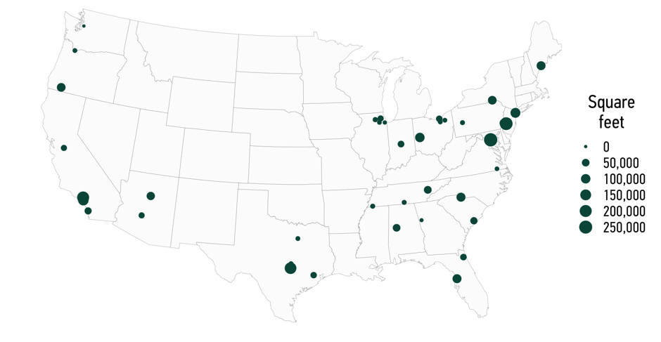 This map shows the millions of square feet in Sears store closures.