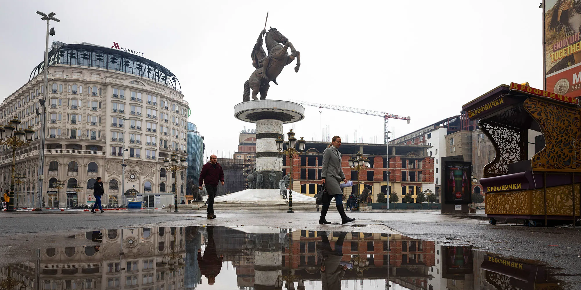 The "Warrior on the Horse" statue stands&nbsp;in central Skopje, Macedonia.