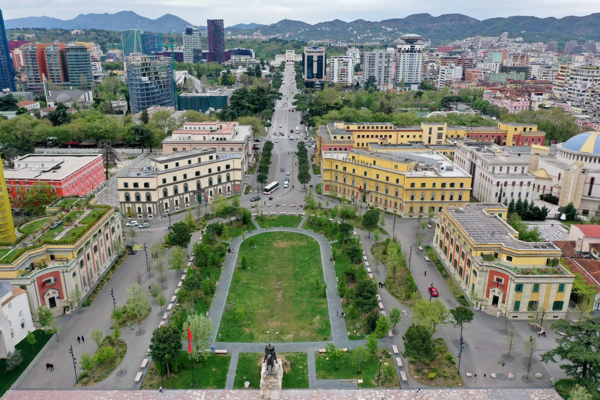 Older buildings give way to new along Tirana’s central Deshmoret e Kombit Boulevard.