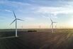 Wind turbines stand in this aerial photograph taken above Ontario, Canada