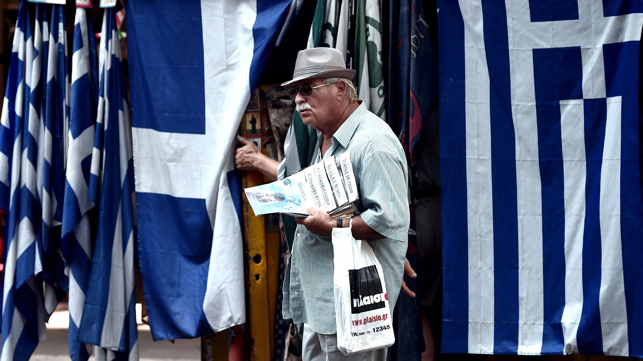 Greek flags in central Athens.

