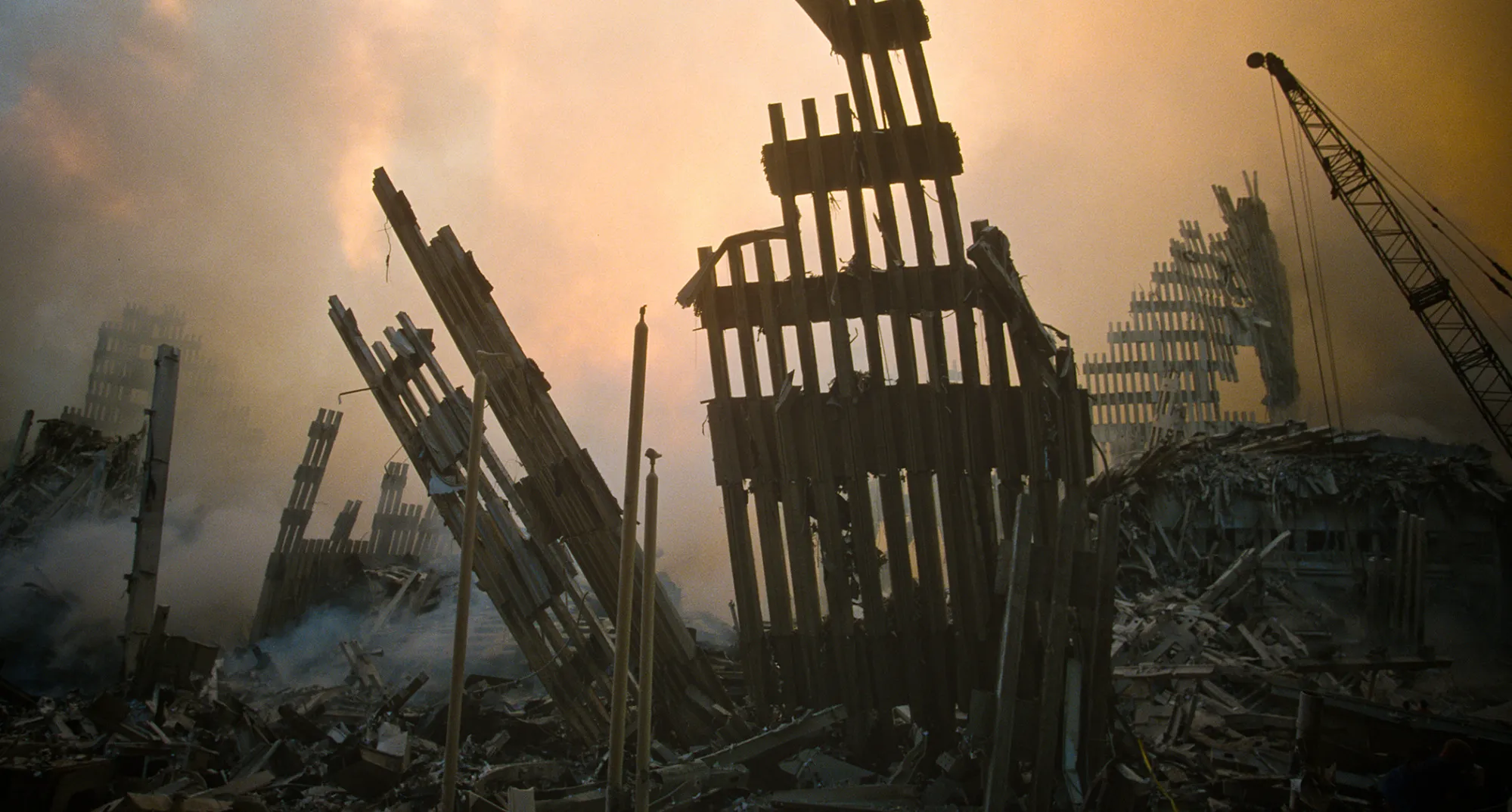The rubble of the World Trade Center smoulders following a terrorist attack Sept.&nbsp;11, 2001.