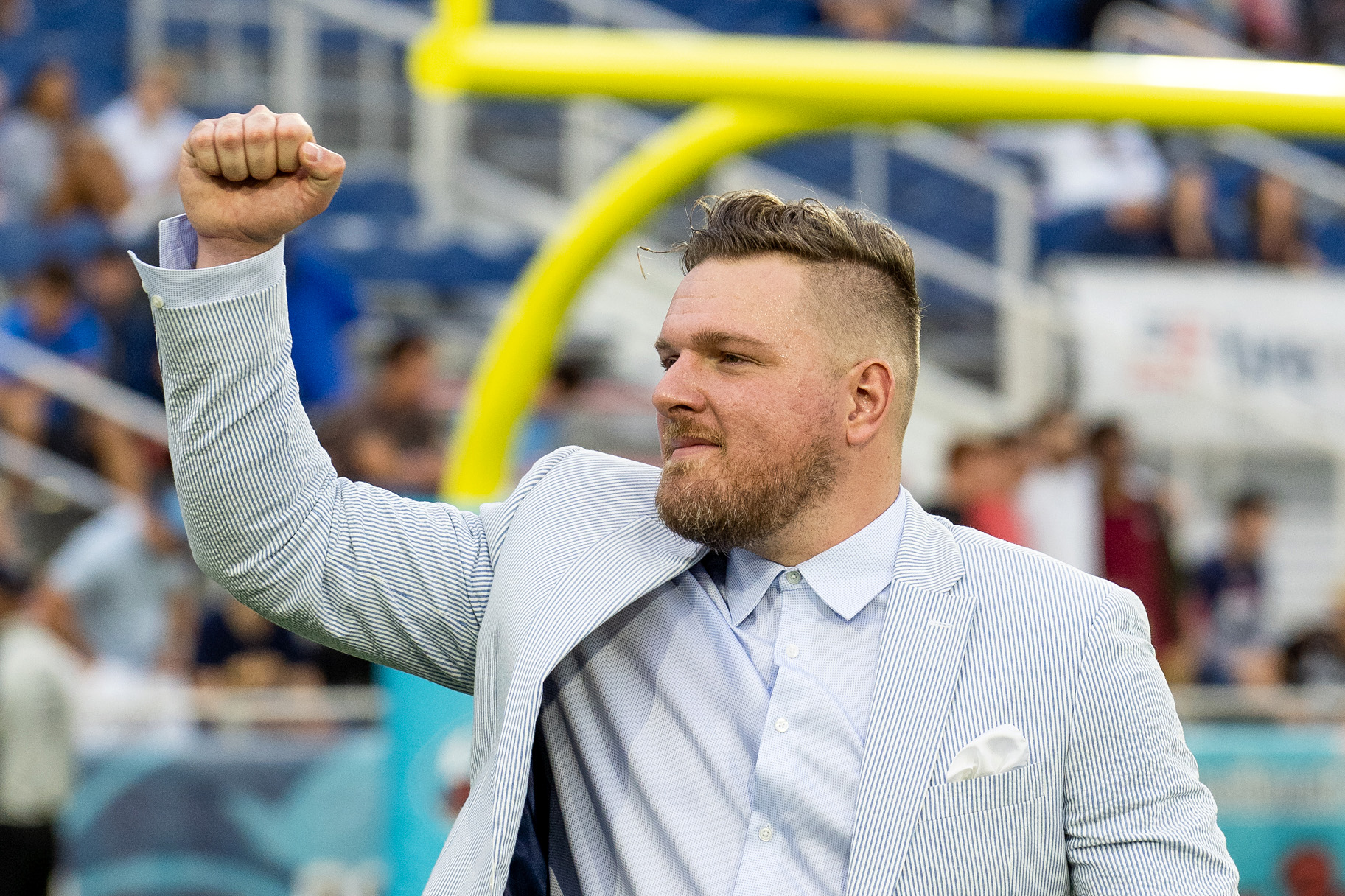 Indianapolis Colts punter Pat McAfee (1) talks to Jeff Saturday