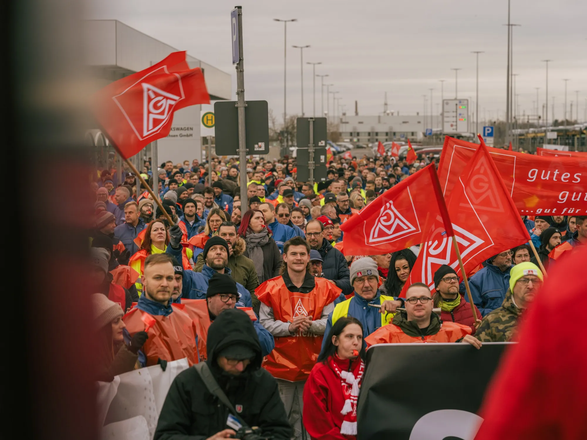 Workers stage a temporary walkout warning strike at the Volkswagen factory in Zwickau, Germany, on Dec. 2.