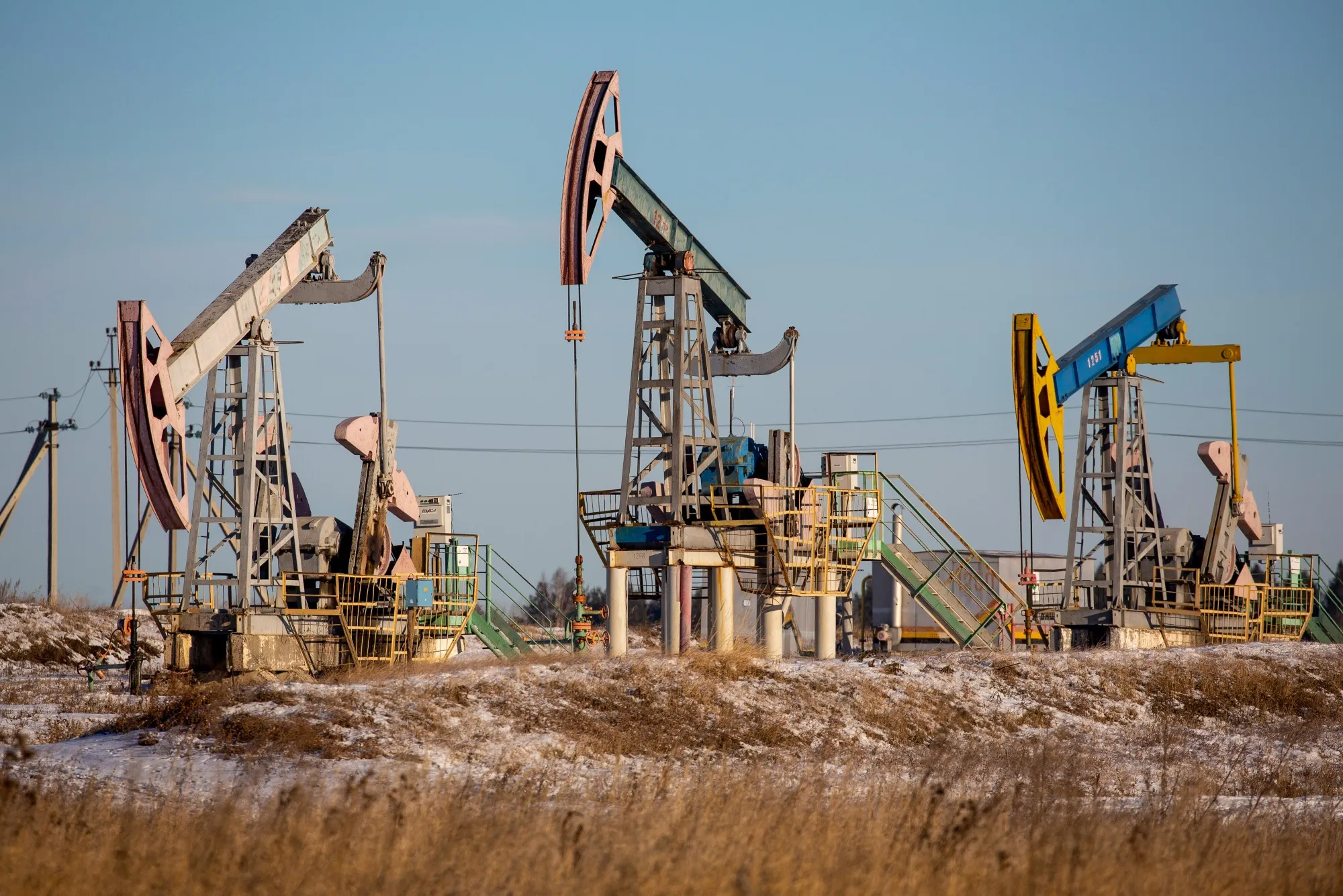 Oil pumping jacks in an oilfield near Dyurtyuli, in the Republic of Bashkortostan, Russia.