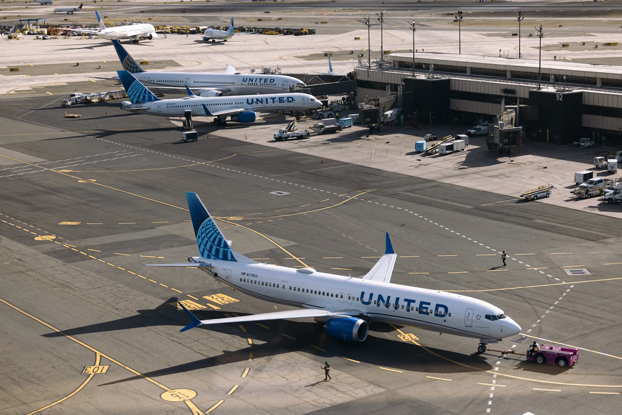 A United Airlines airplane at Newark Liberty International Airport in Newark, New Jersey.