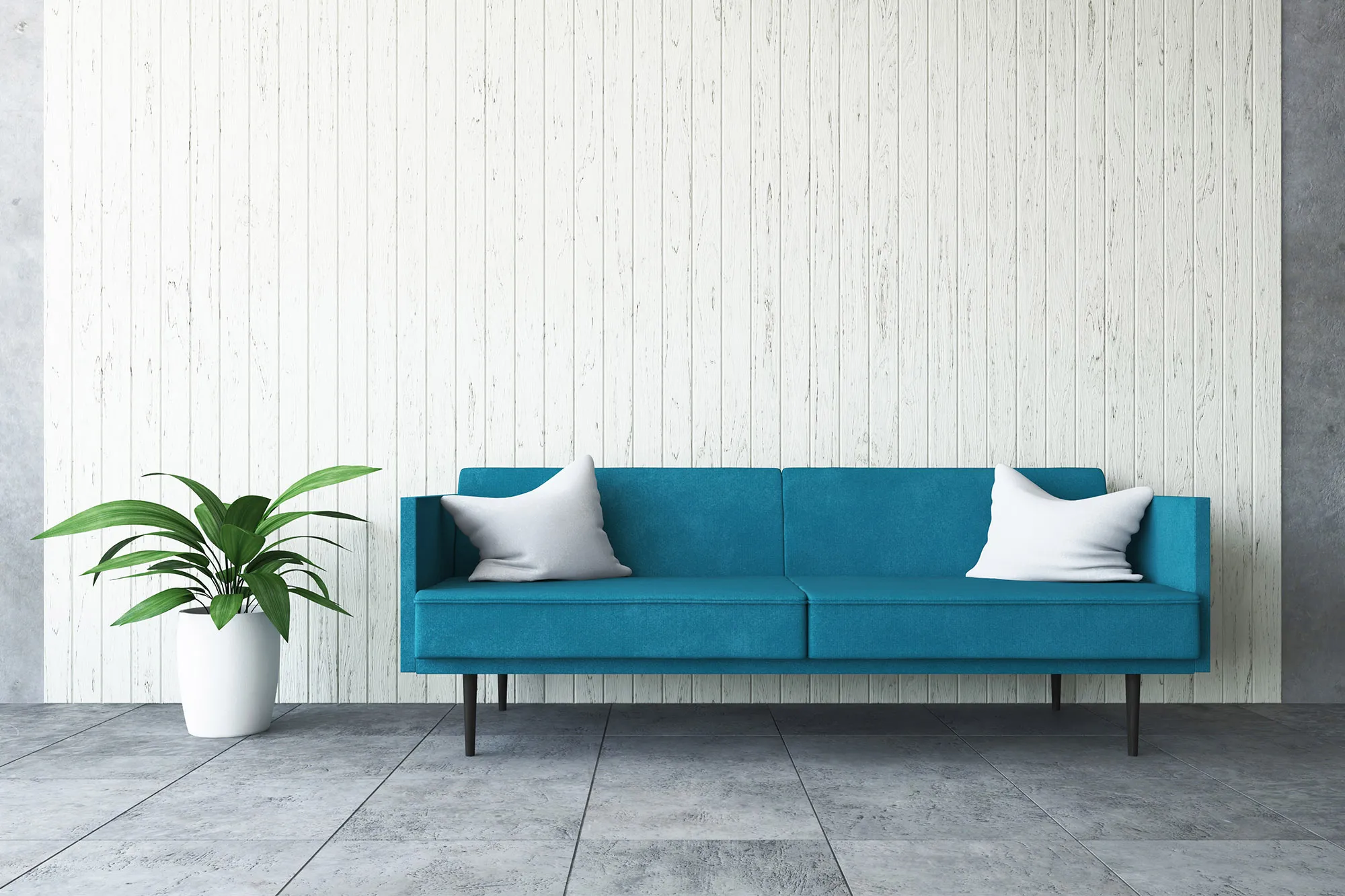 3D Office Room with Blue Sofa, Rendering Design