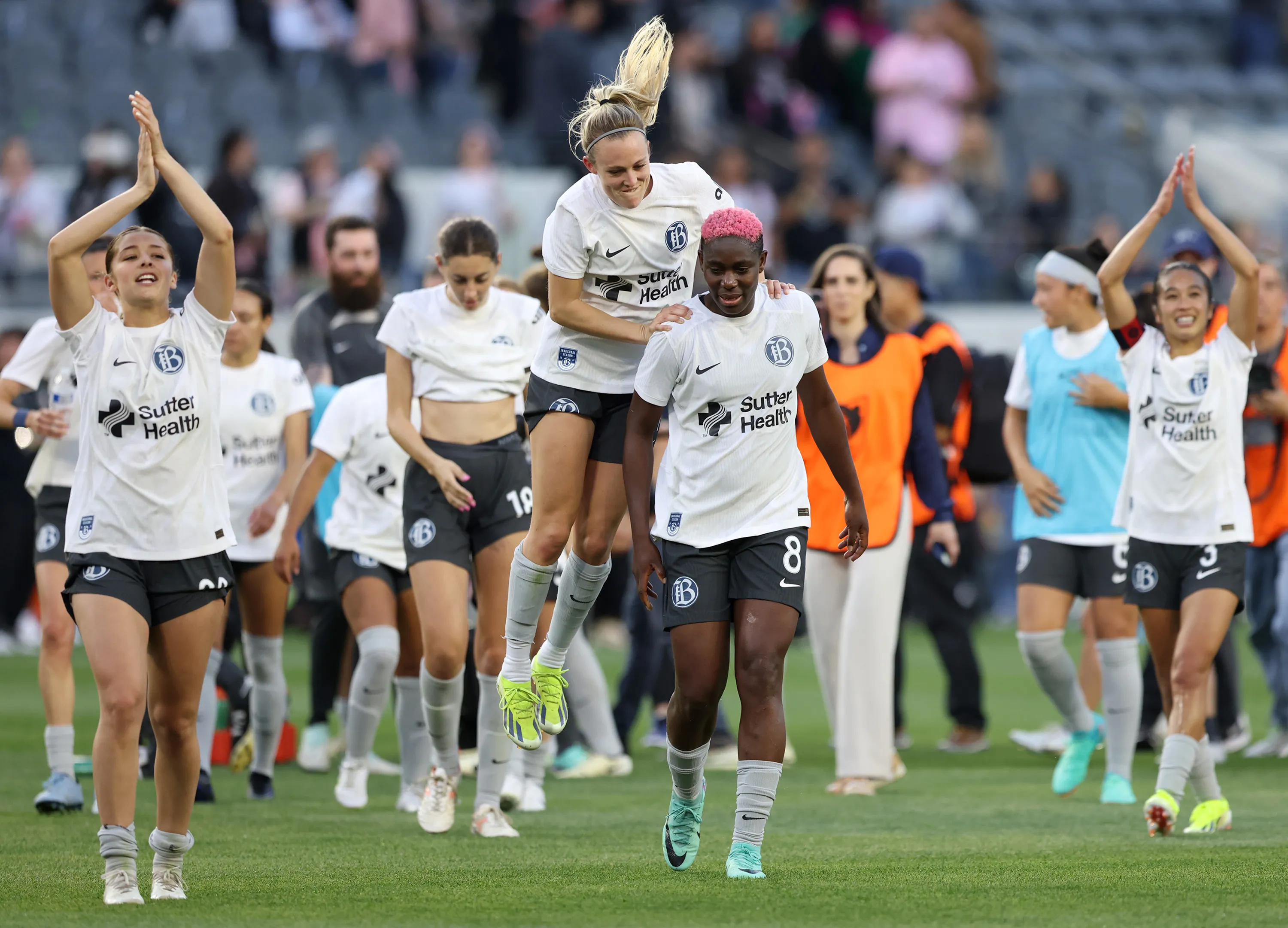 Bay FC players celebrate after a match&nbsp;&nbsp;in Los Angeles, on March 17.