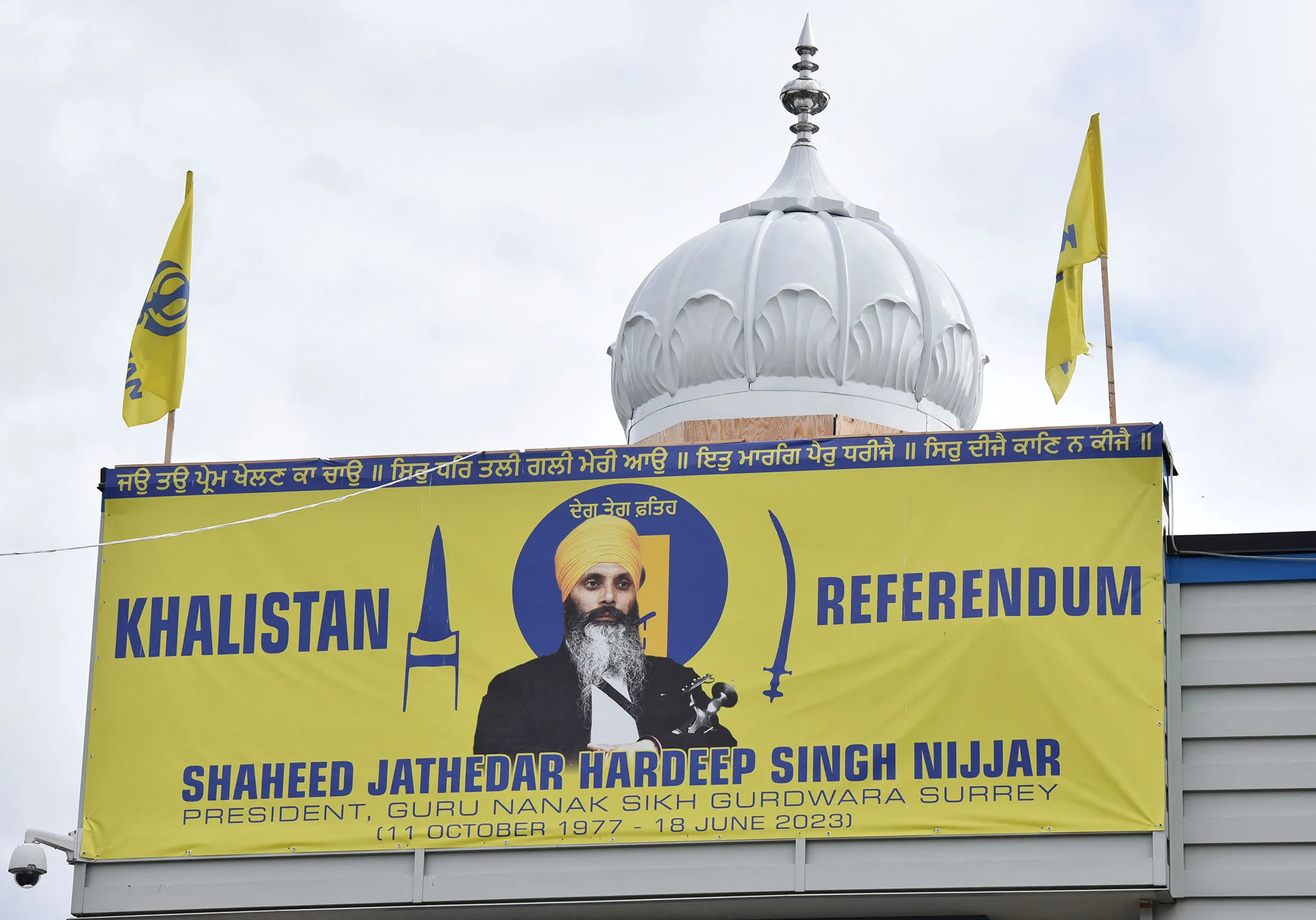 A poster features Hardeep Singh Nijjar at the Guru Nanak Sikh Gurdwara temple in Surrey, British Columbia, Canada, on Sept. 19.