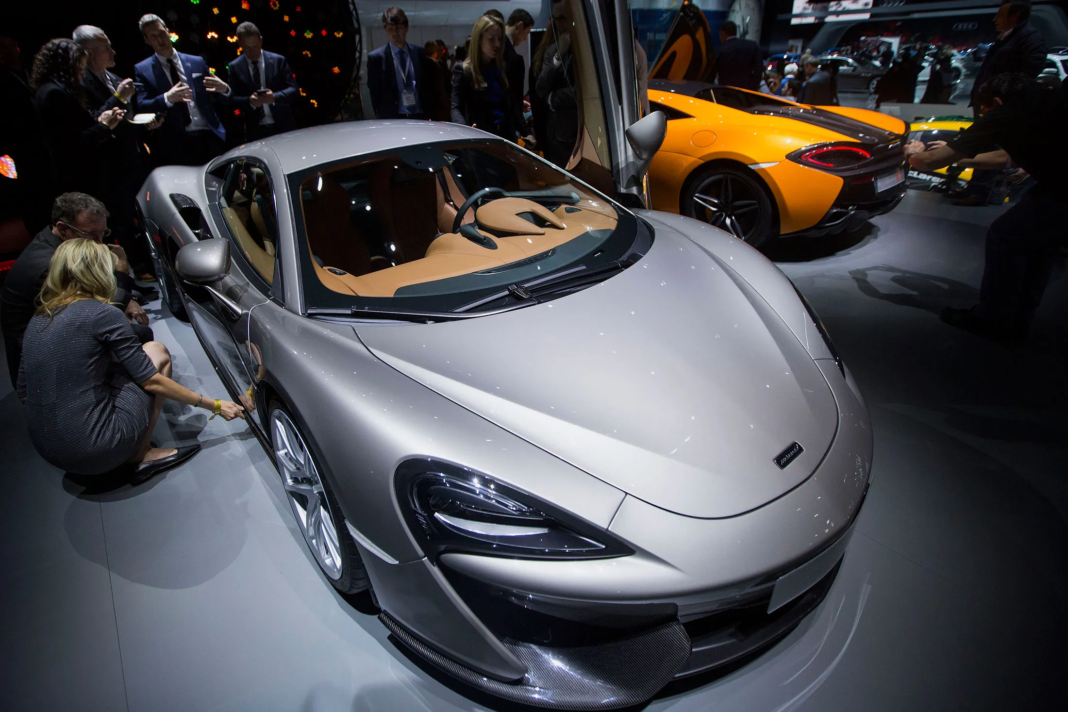 The McLaren 675LT is displayed during the 2015 New York International Auto Show in New York, U.S., on Wednesday, April 1, 2014.
