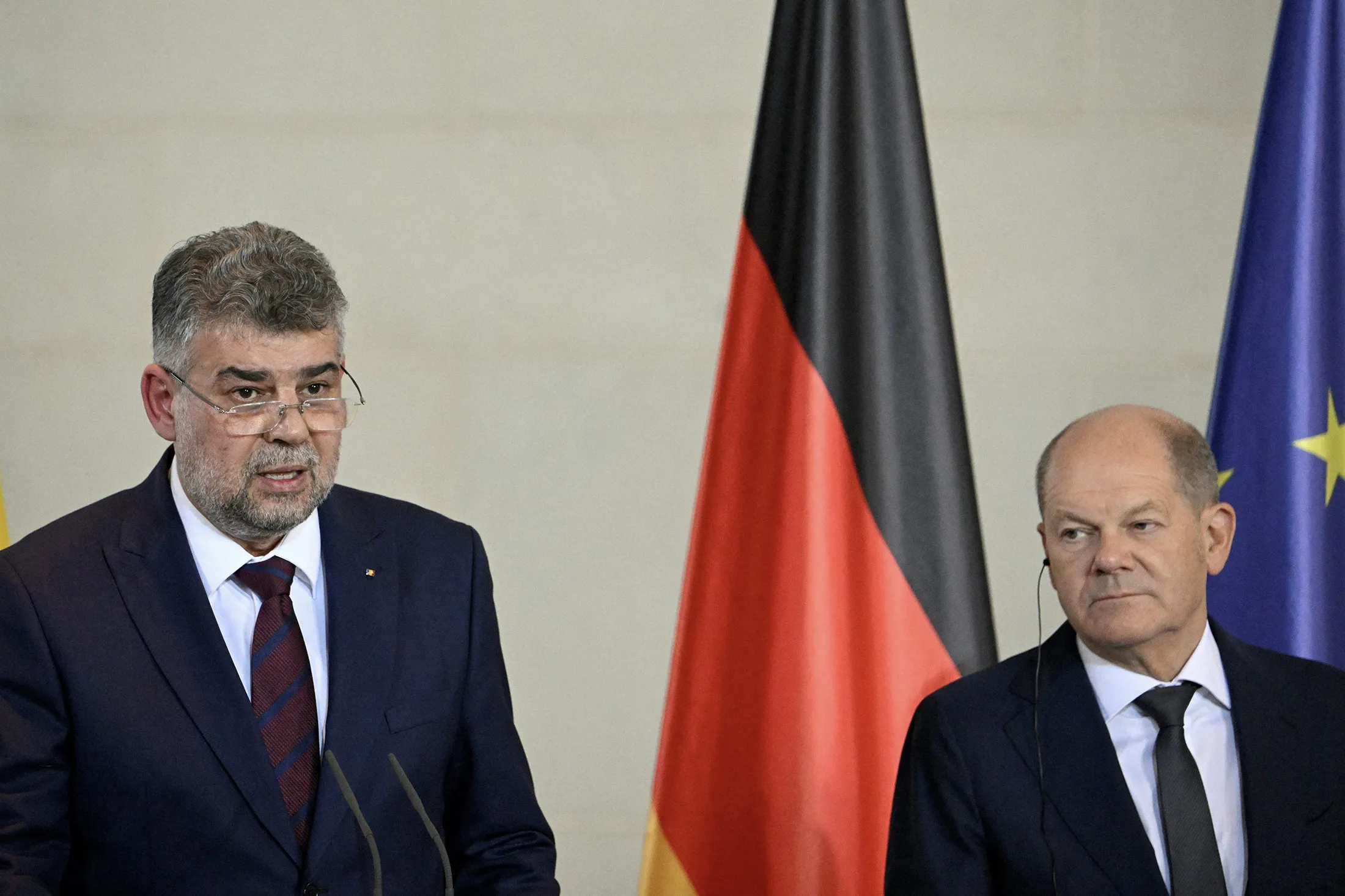 Romania’s Prime Minister Marcel Ciolacu, left, and German Chancellor&nbsp;Olaf Scholz during a joint press conference&nbsp;in Berlin, on July 4.