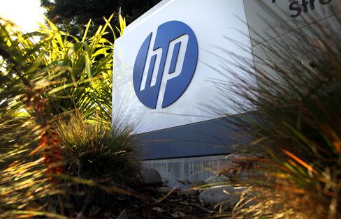 A sign stands outside the Hewlett- Packard Co. headquarters in Palo Alto, California, U.S.