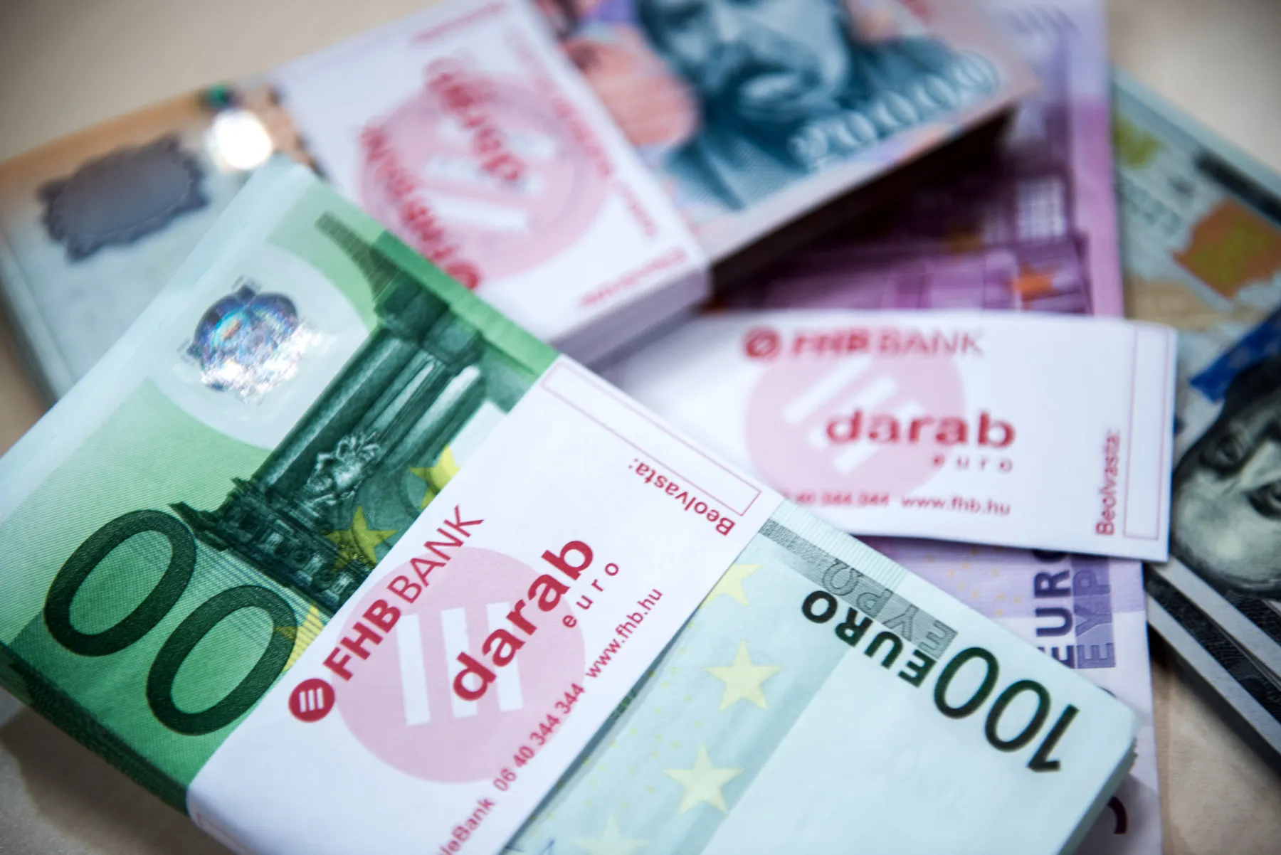 Bundles of euro and Forint currency banknotes.