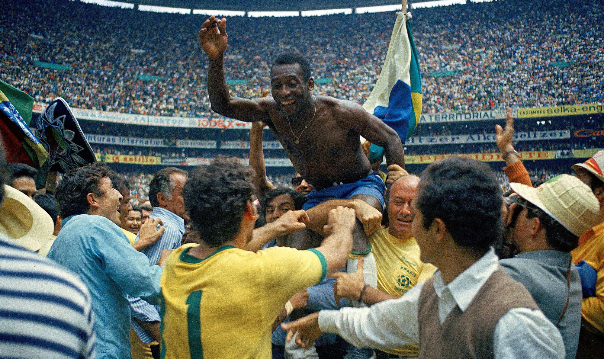 Pele celebrates after winning the 1970 World Cup final against Italy in Mexico City.