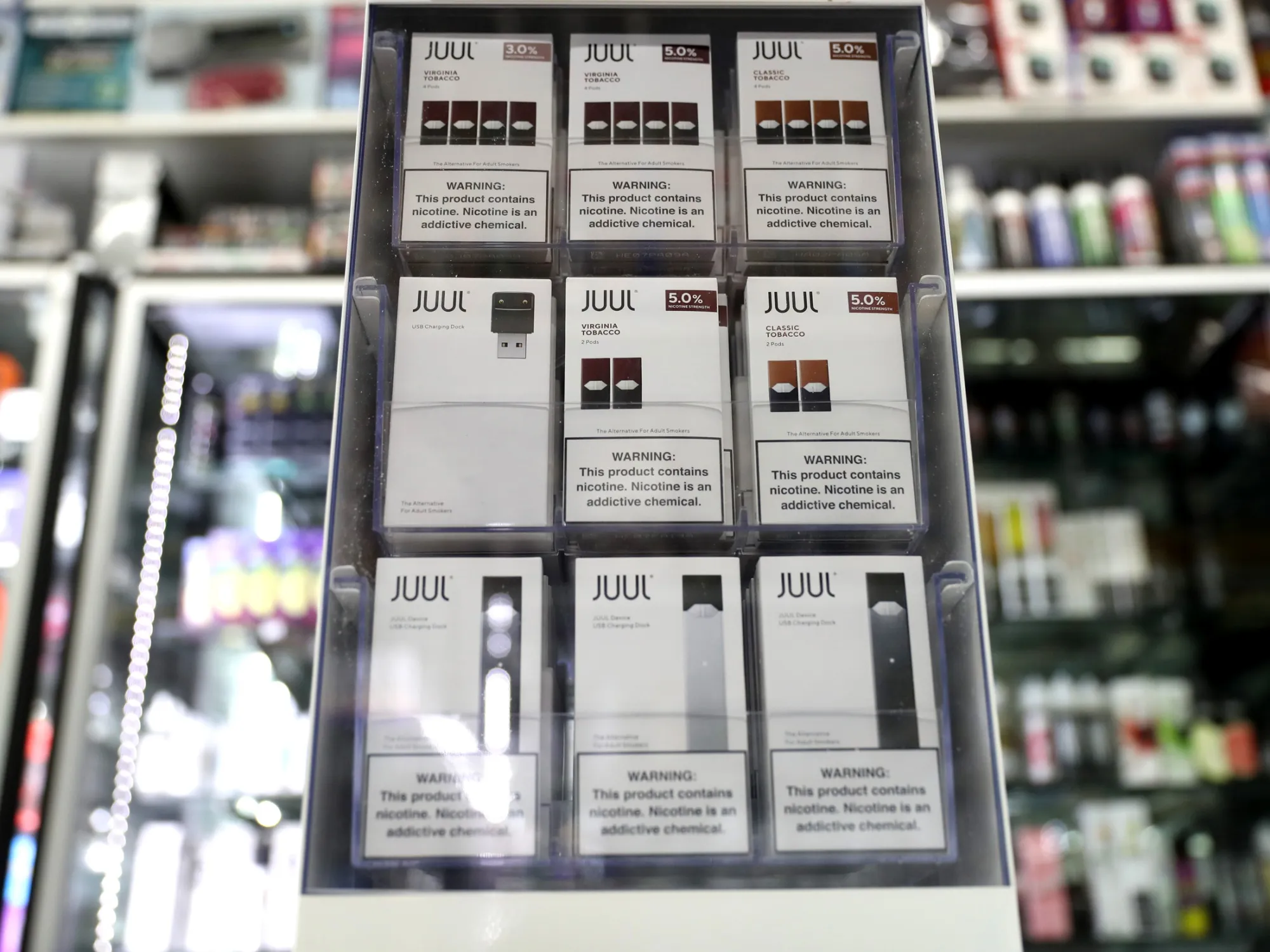 Juul products are displayed at a smoke shop in San Francisco, California.