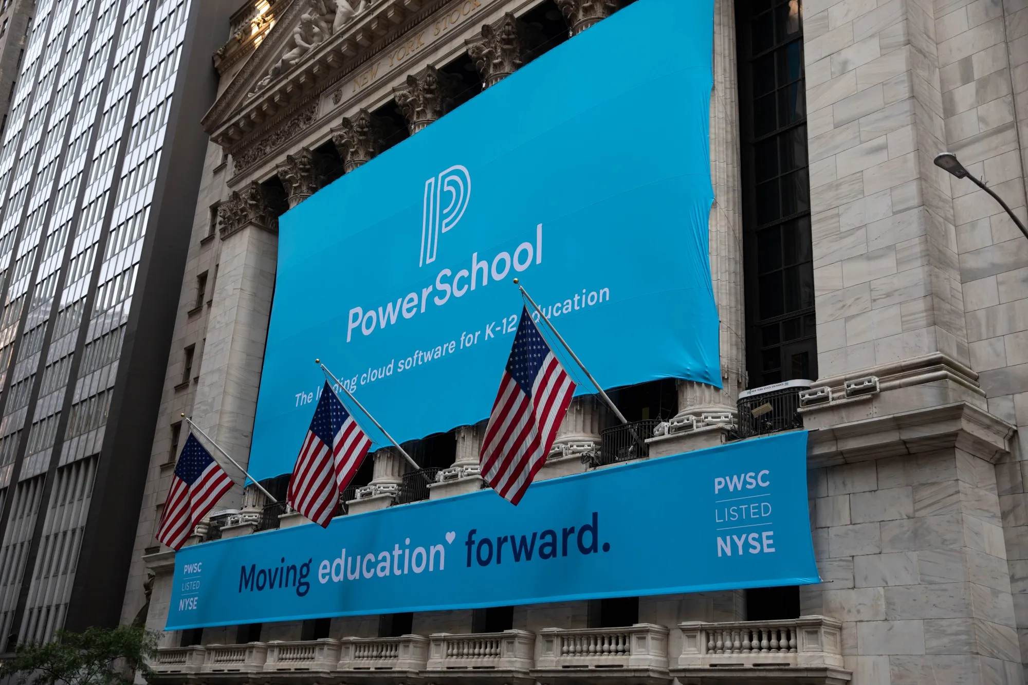 PowerSchool signage during the company's initial public offering at the New York Stock Exchange in 2021.