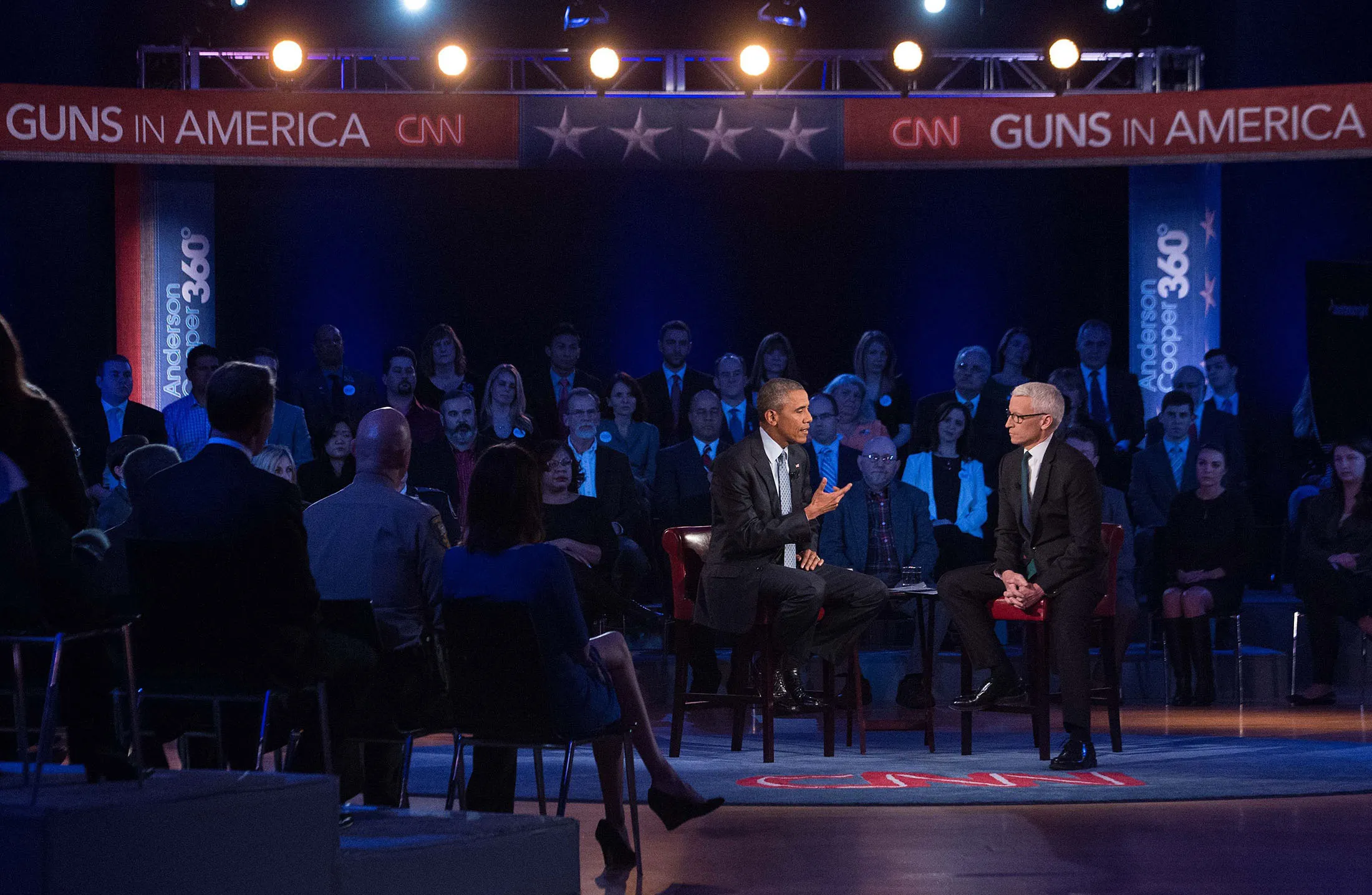 President Barack Obama speaks at a town hall meeting with CNN's Anderson Cooper.
