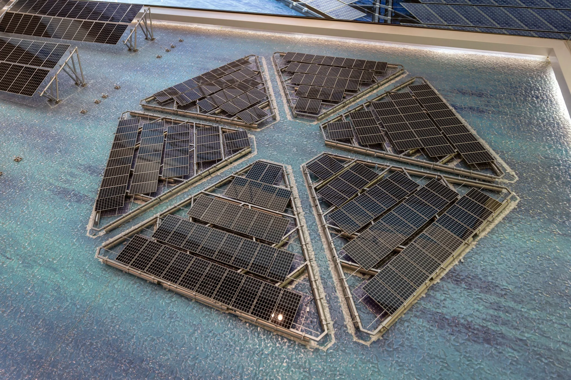 A model of a floating solar farm displayed at the Trina Solar Co. offices in Changzhou, Jiangsu province, China, on Friday, Sept. 26, 2025.&nbsp;