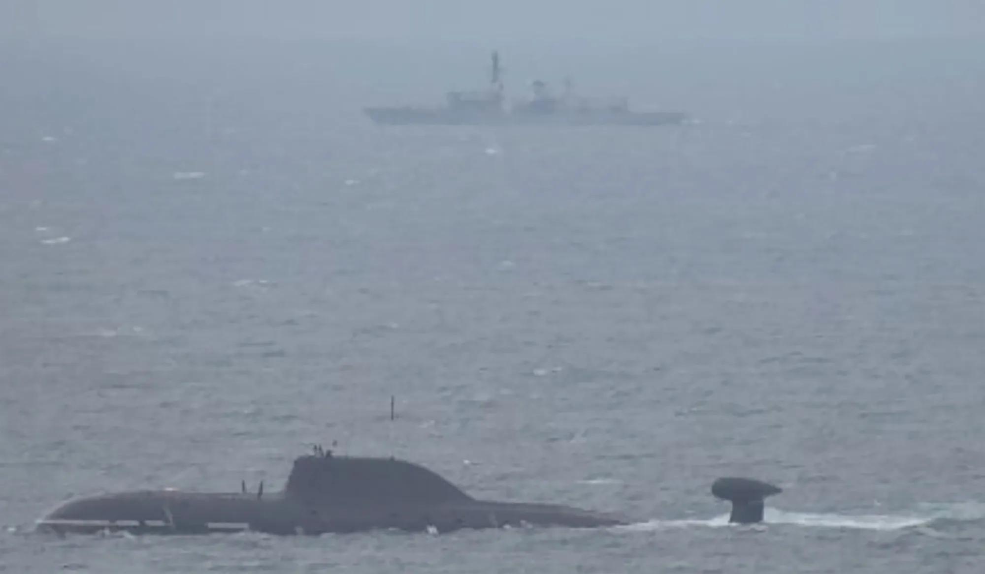 British submarine hunter HMS Portland (top) tracking the Akula-class attack submarine Vepr in the North Sea, north west of Bergen, Norway.