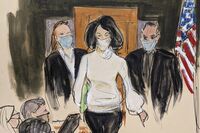 In this courtroom sketch, Ghislaine Maxwell enters the courtroom escorted by U.S. Marshalls at the start of her trial, in New York on Nov. 29.