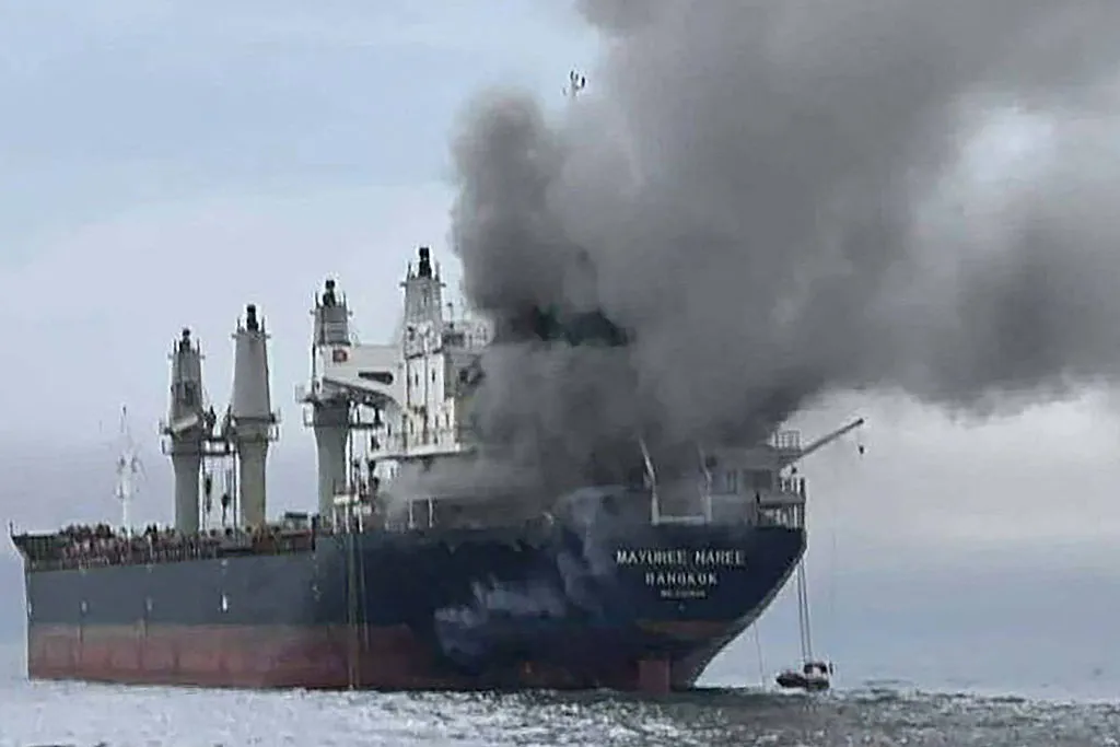 The Thai bulk carrier Mayuree Naree burning, much as the global oil markets are, near the Strait of Hormuz after an attack.
