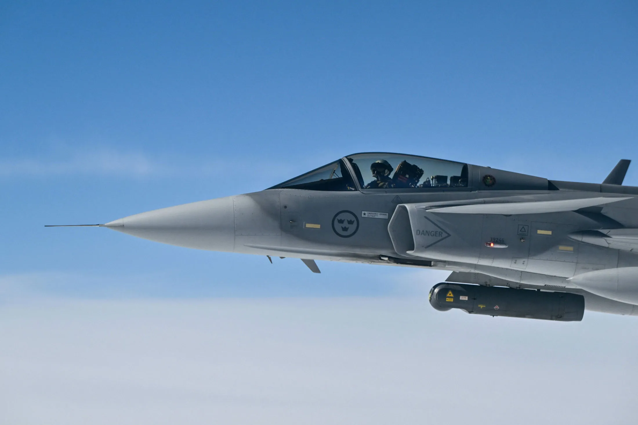A Swedish Air Force Gripen fighter jet.